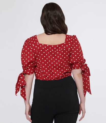 Unique Vintage Plus Size 1950s Red & White Polka Dot Bow Fitted Top - Unique Vintage - Womens, TOPS, WOVEN TOPS