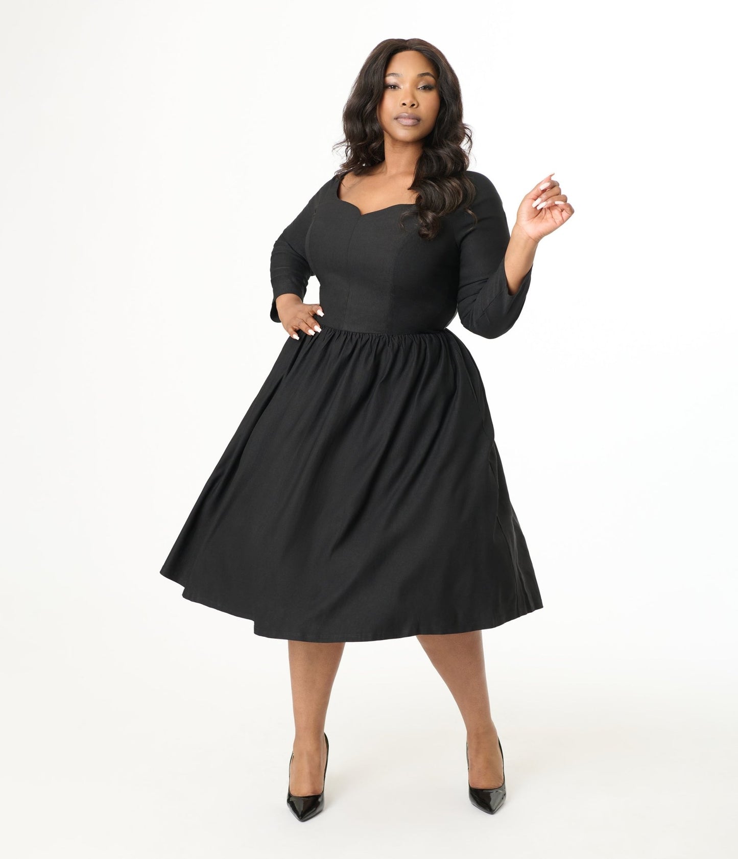 Unique Vintage Plus Size 1950s Solid Black Sweetheart Swing Dress - Unique Vintage - Womens, DRESSES, SWING
