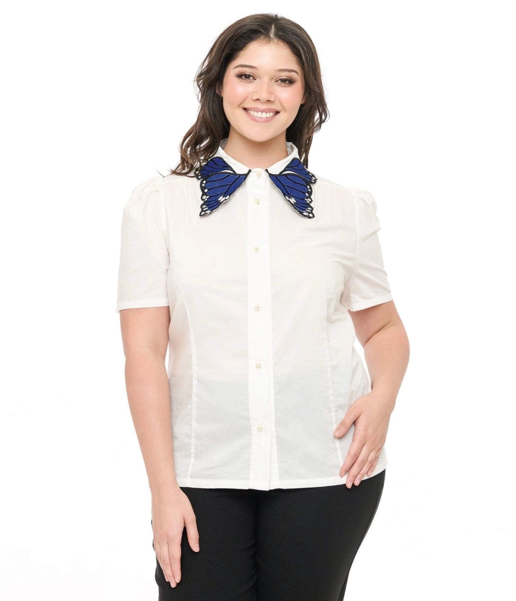 Unique Vintage Plus Size 1950s White & Blue Butterfly Collar Cotton Blouse - Unique Vintage - Womens, TOPS, WOVEN TOPS