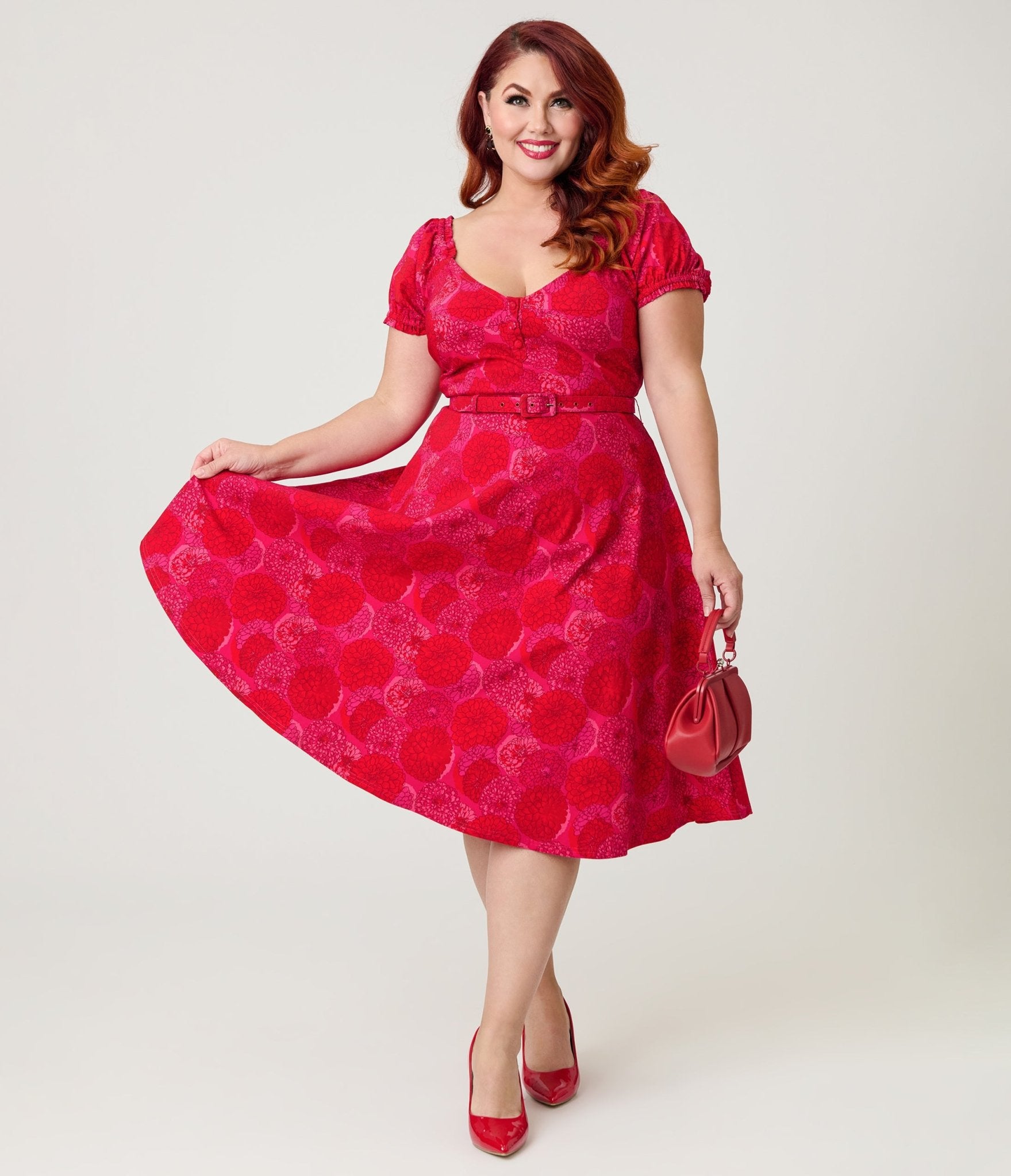 Unique Vintage Plus Size 1960s Red & Pink Floral Ohara Swing Dress