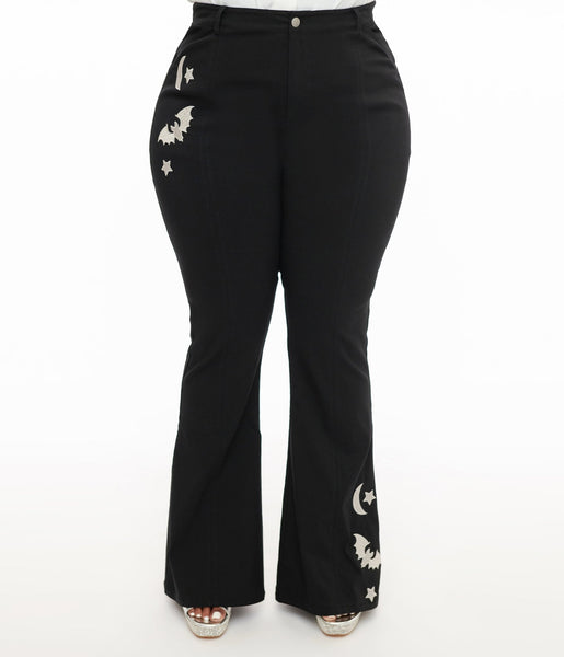 Unique Vintage Plus Size 1970s Black & Silver Bats Flare Pants