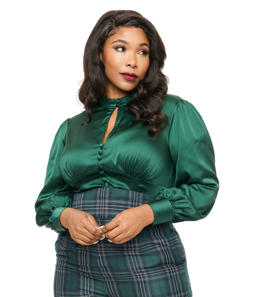 Unique Vintage Plus Size 1970s Emerald Satin Keyhole Button Waist Blou