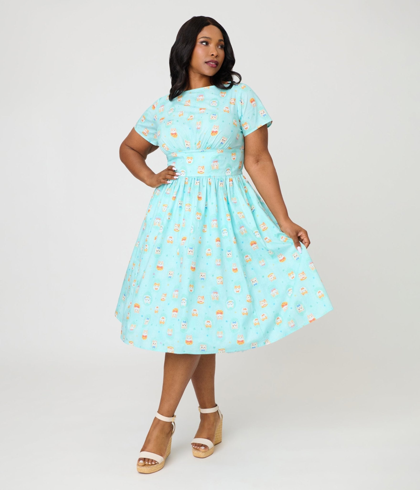 baby blue plus size dress Unique Vintage Plus Size Baby Blue Cat Print Swing Dress