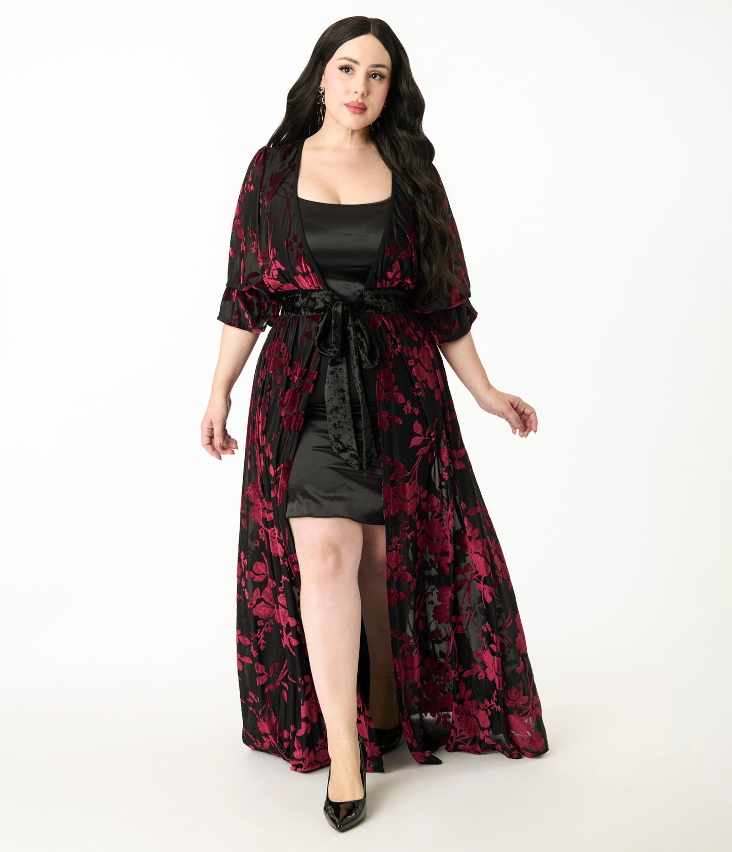 Unique Vintage Plus Size Black & Berry Floral Velvet Burnout Duster - Unique Vintage - Womens, DRESSES, MAXI