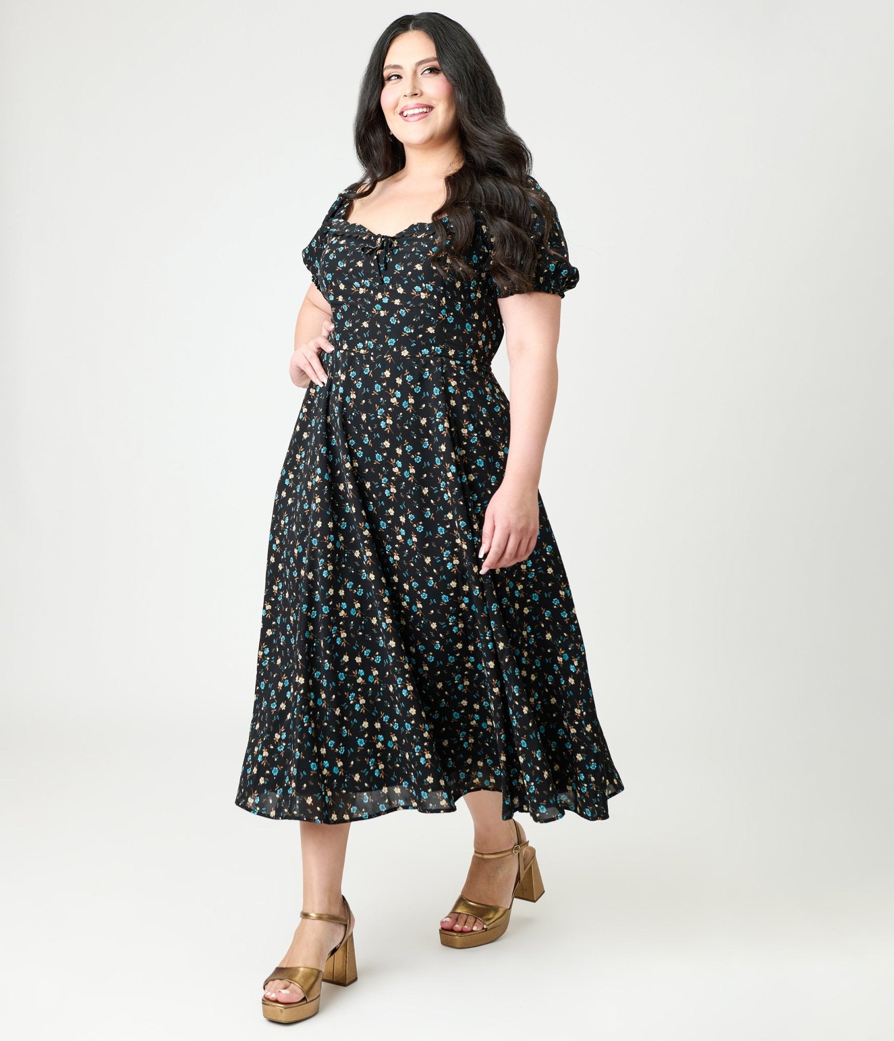 Unique Vintage Plus Size Black & Blue Floral Puff Sleeve Midi Dress Unique Vintage Plus Size Black & Blue Floral Puff Sleeve Midi Dress