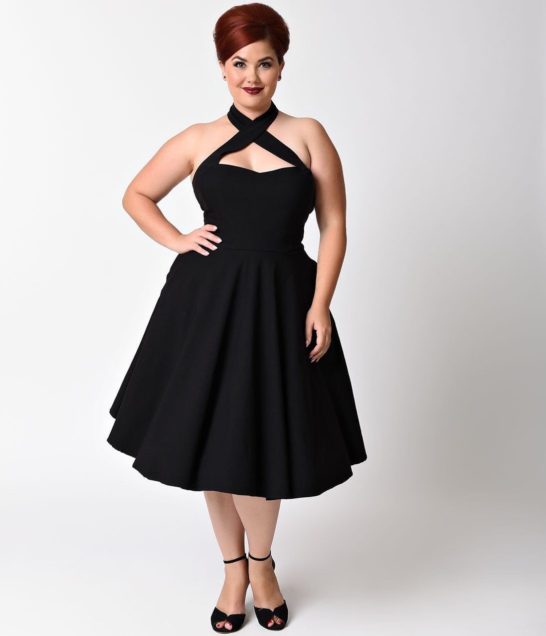 Unique Vintage Plus Size Black Criss Cross Halter Rita Flare Dress Unique Vintage Plus Size Black Criss Cross Halter Rita Flare Dress