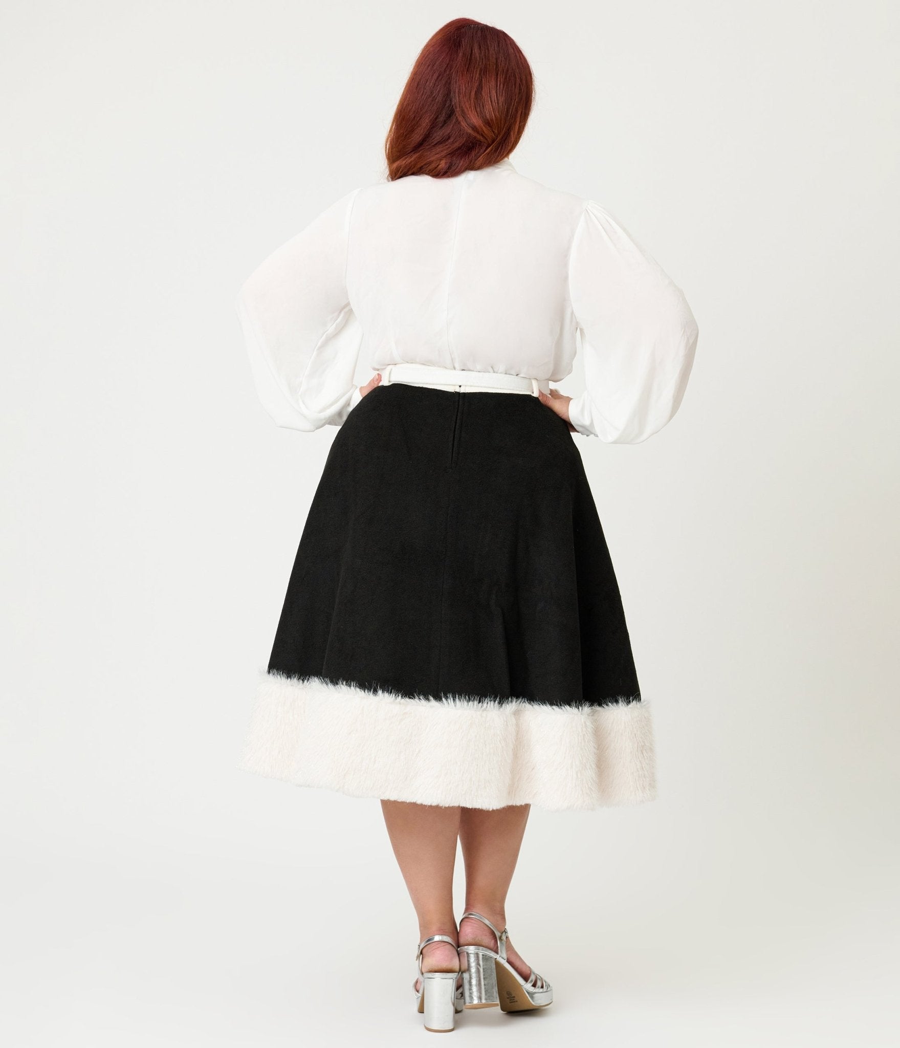 Unique Vintage Plus Size Black Felt & White Fur Snowflake Soda Shop Swing Skirt - Unique Vintage - Womens, BOTTOMS, SKIRTS