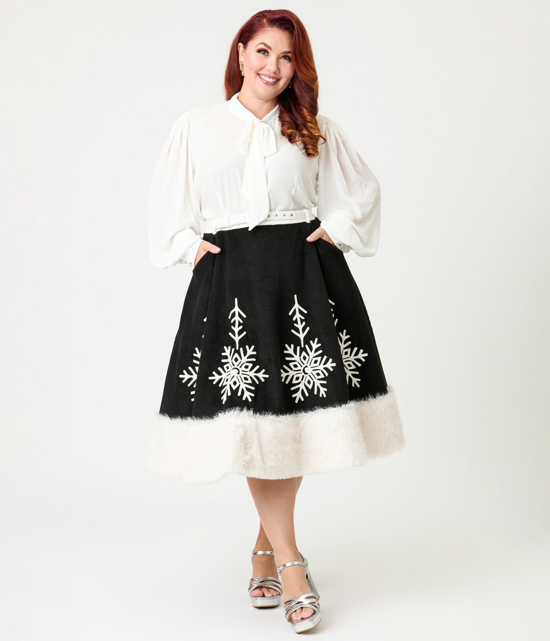 Unique Vintage Plus Size Black Felt & White Fur Snowflake Soda Shop Swing Skirt - Unique Vintage - Womens, BOTTOMS, SKIRTS