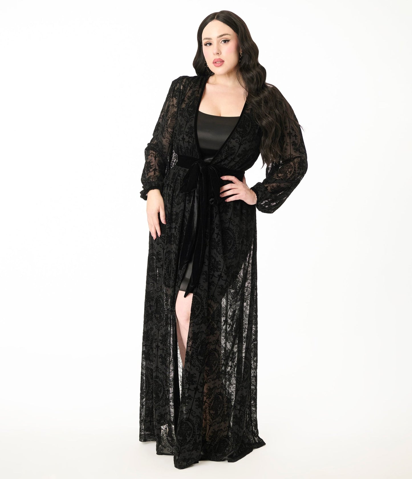 Unique Vintage Plus Size Black Flocked La Caterina Hollywood Duster - Unique Vintage - Womens, DRESSES, MAXI