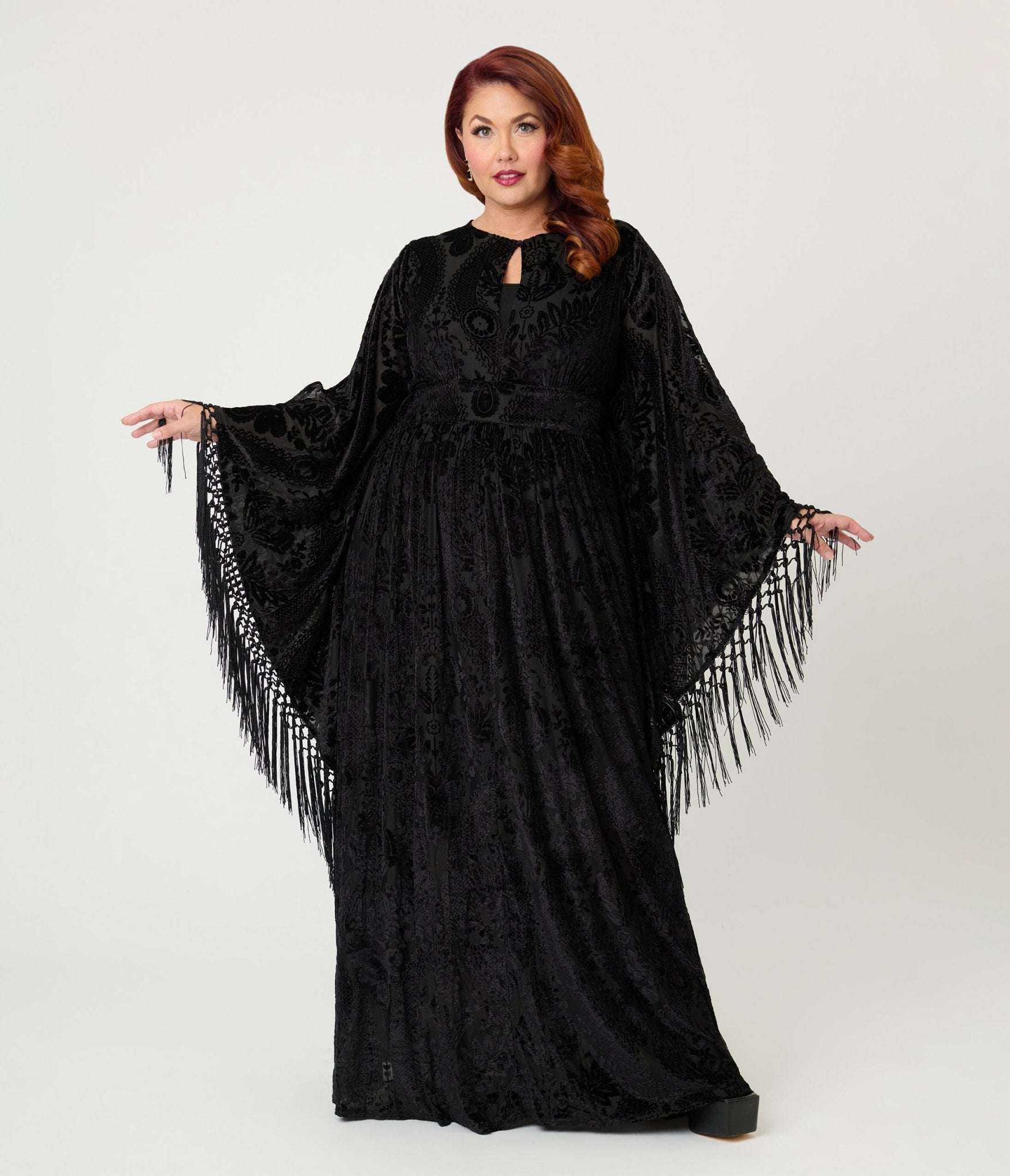Unique Vintage Plus Size Black Floral Burnout Fringe Flutter Sleeve Ca Unique Vintage Plus Size Black Floral Burnout Fringe Flutter Sleeve Ca