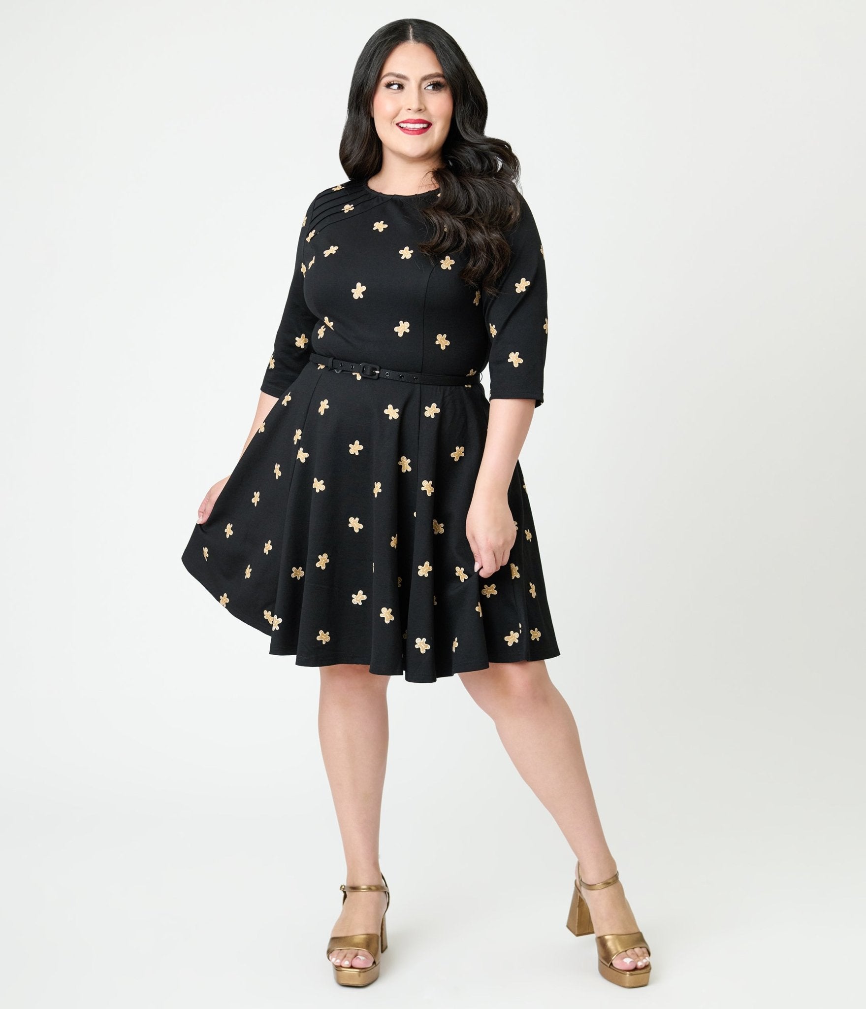 Unique Vintage Plus Size Black Gingerbread Man Print Stephanie Fit & Flare Dress - Unique Vintage - Womens, DRESSES, FIT AND FLARE