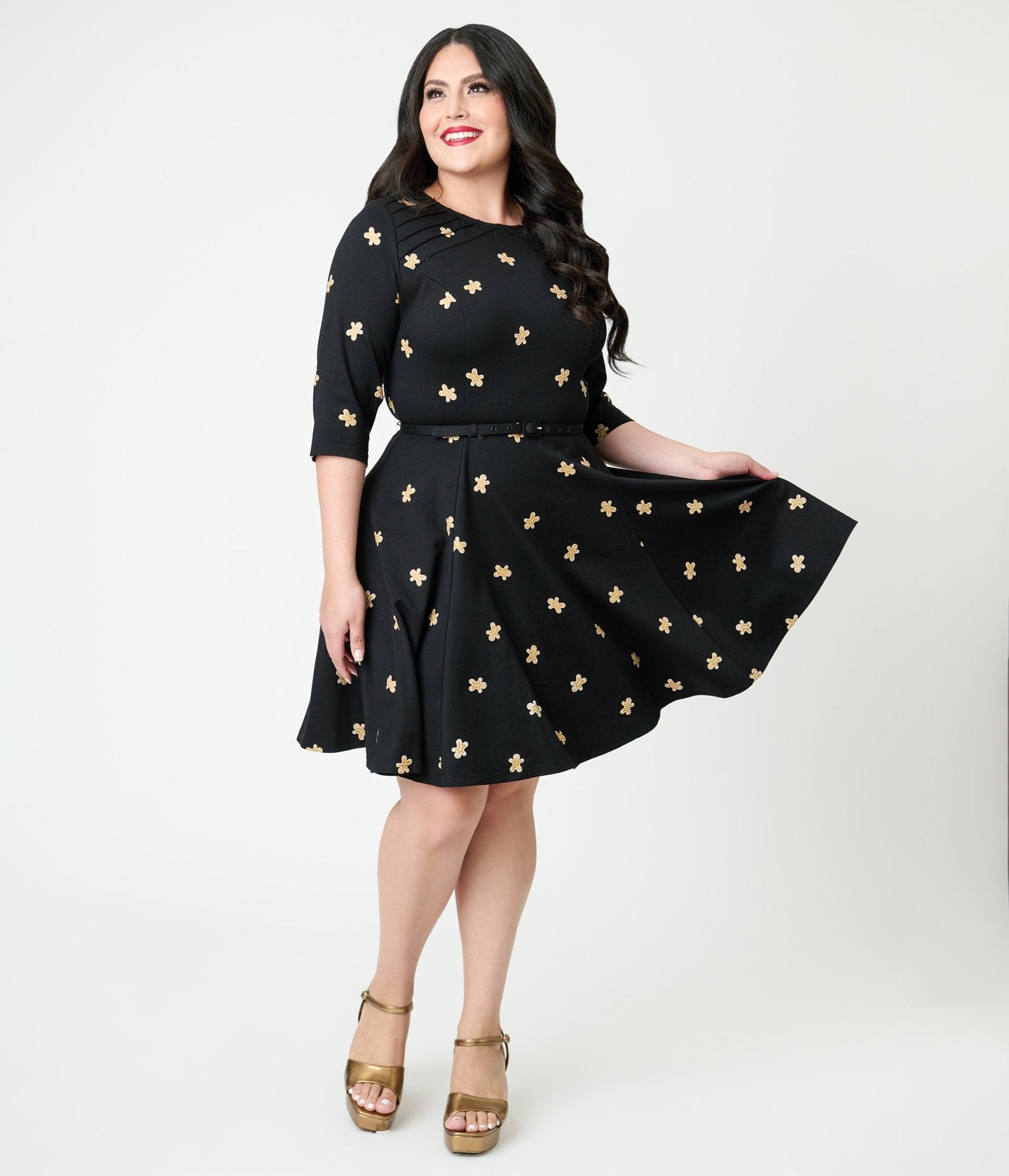 slim fit dress slacks Unique Vintage Plus Size Black Gingerbread Man Print Stephanie Fit & F