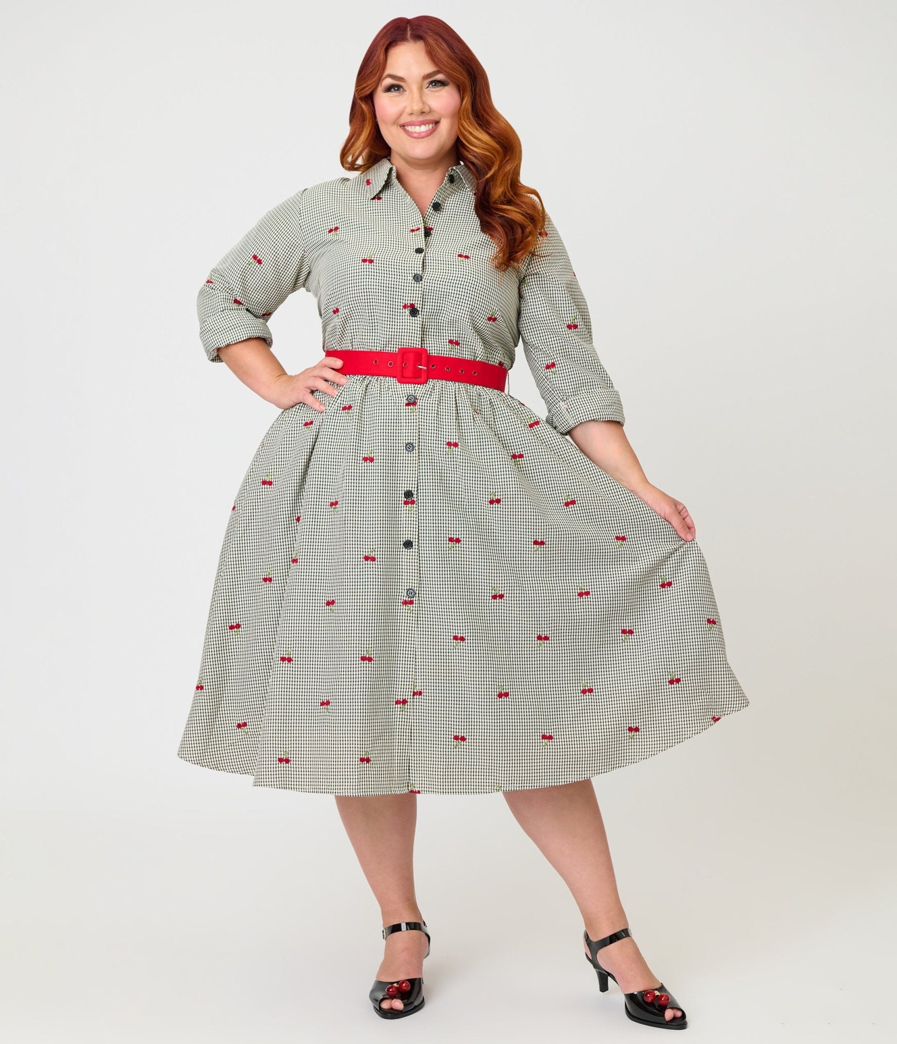 Unique Vintage Plus Size Black Gingham & Cherries Belted Shirt Dress
