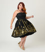 Unique Vintage Plus Size Black & Gold Astrological Chart Sweetheart Halter Swing Dress