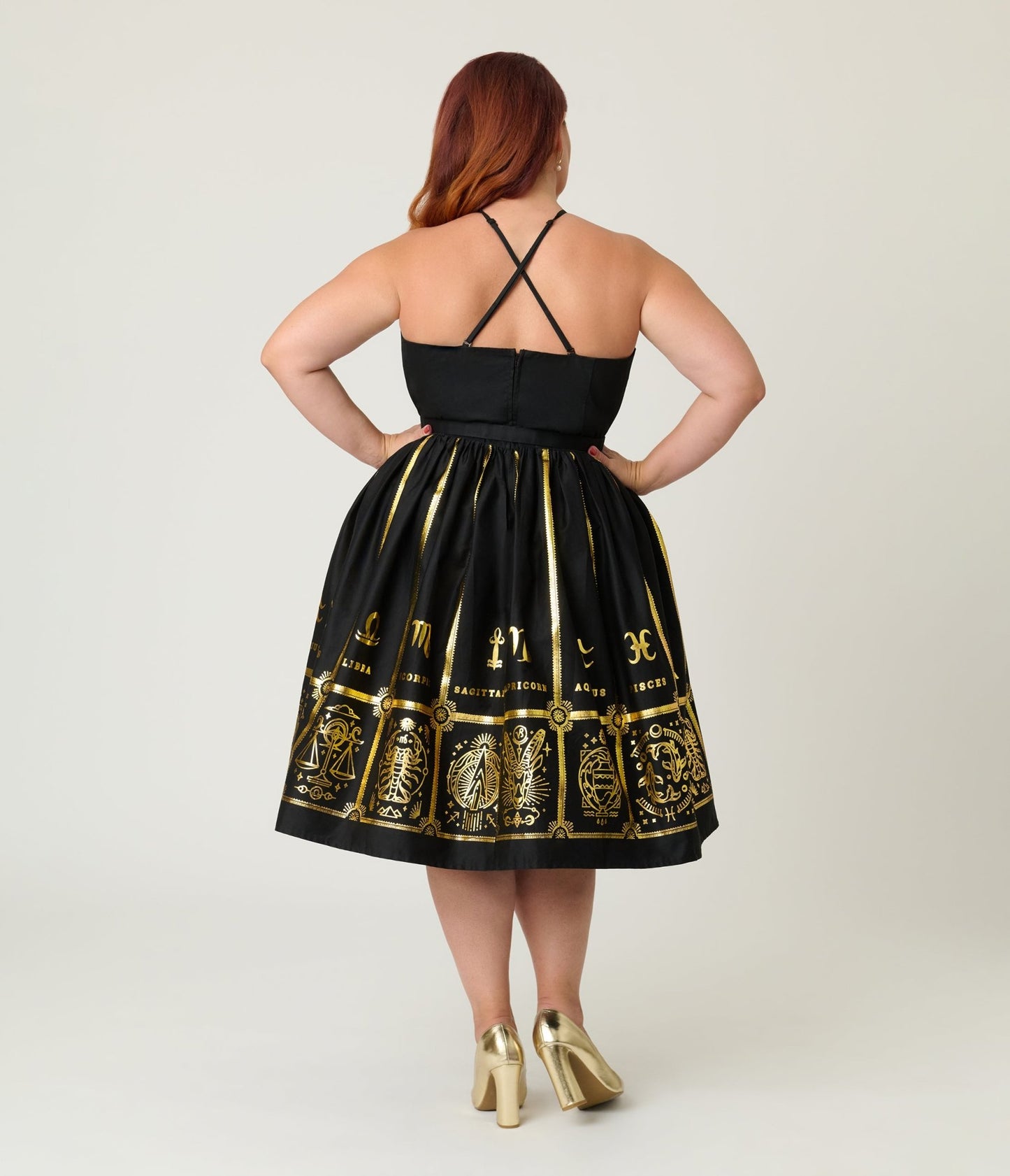 Unique Vintage Plus Black & Gold Astrological Chart Sweetheart Halter Swing Dress - Unique Vintage - Womens, DRESSES, SWING