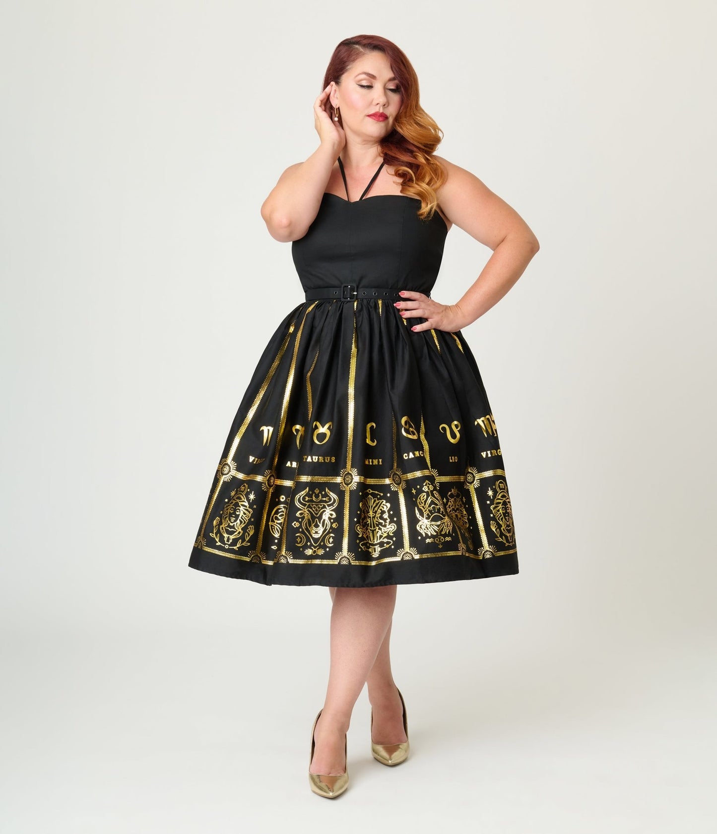 Unique Vintage Plus Black & Gold Astrological Chart Sweetheart Halter Swing Dress - Unique Vintage - Womens, DRESSES, SWING