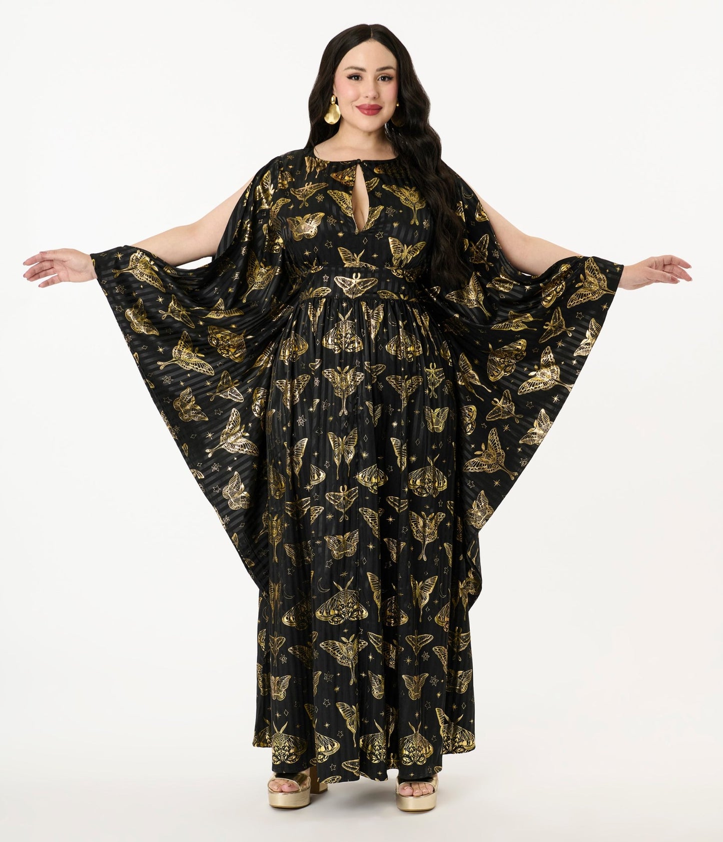 Unique Vintage Plus Size Black & Gold Moth Flutter Sleeve Caftan - Unique Vintage - Womens, DRESSES, MAXI