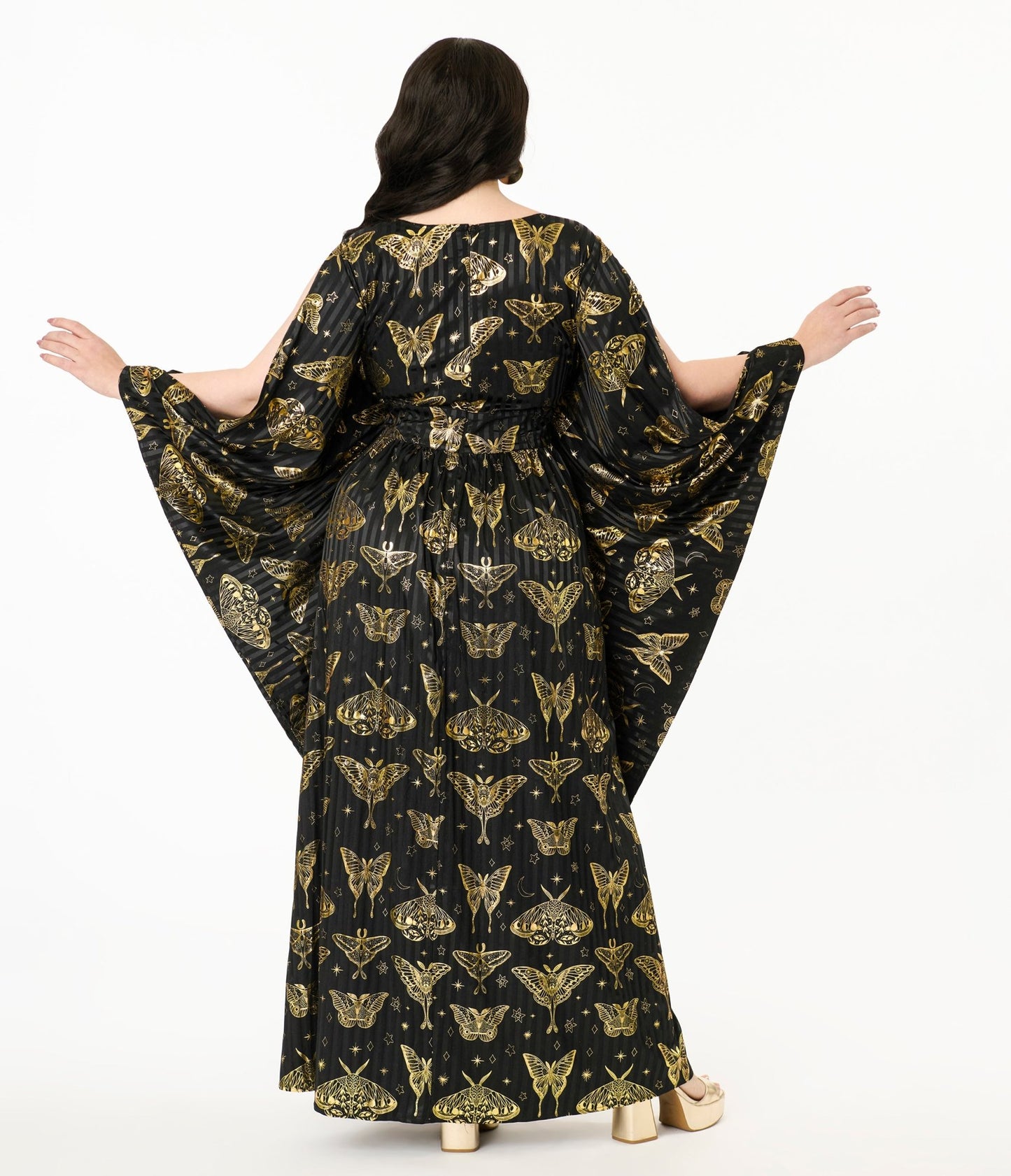Unique Vintage Plus Size Black & Gold Moth Flutter Sleeve Caftan - Unique Vintage - Womens, DRESSES, MAXI