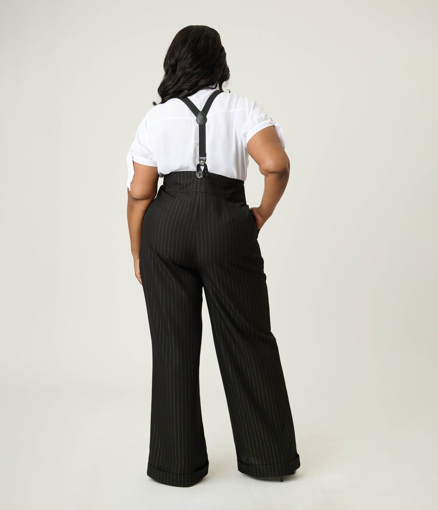 Unique Vintage Plus Size Black & Gold Pinstripe Thelma Suspender Pants - Unique Vintage - Womens, BOTTOMS, PANTS