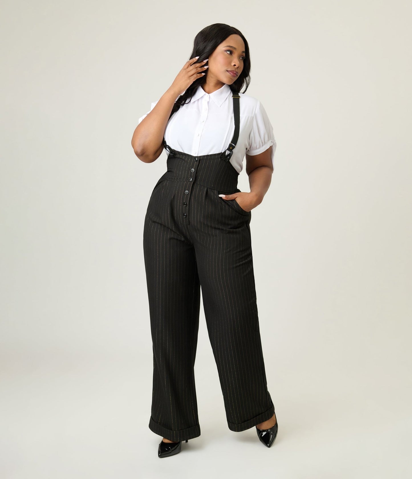 Unique Vintage Plus Size Black & Gold Pinstripe Thelma Suspender Pants - Unique Vintage - Womens, BOTTOMS, PANTS