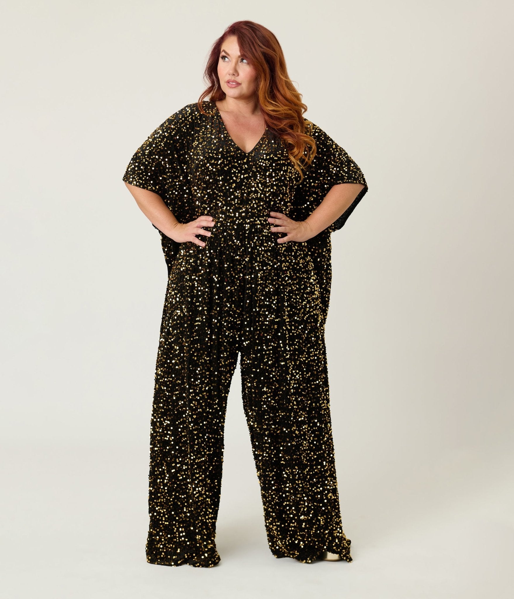 Unique Vintage Plus Size Black & Gold Sequin Caftan Jumpsuit - Unique Vintage - Womens, BOTTOMS, ROMPERS AND JUMPSUITS