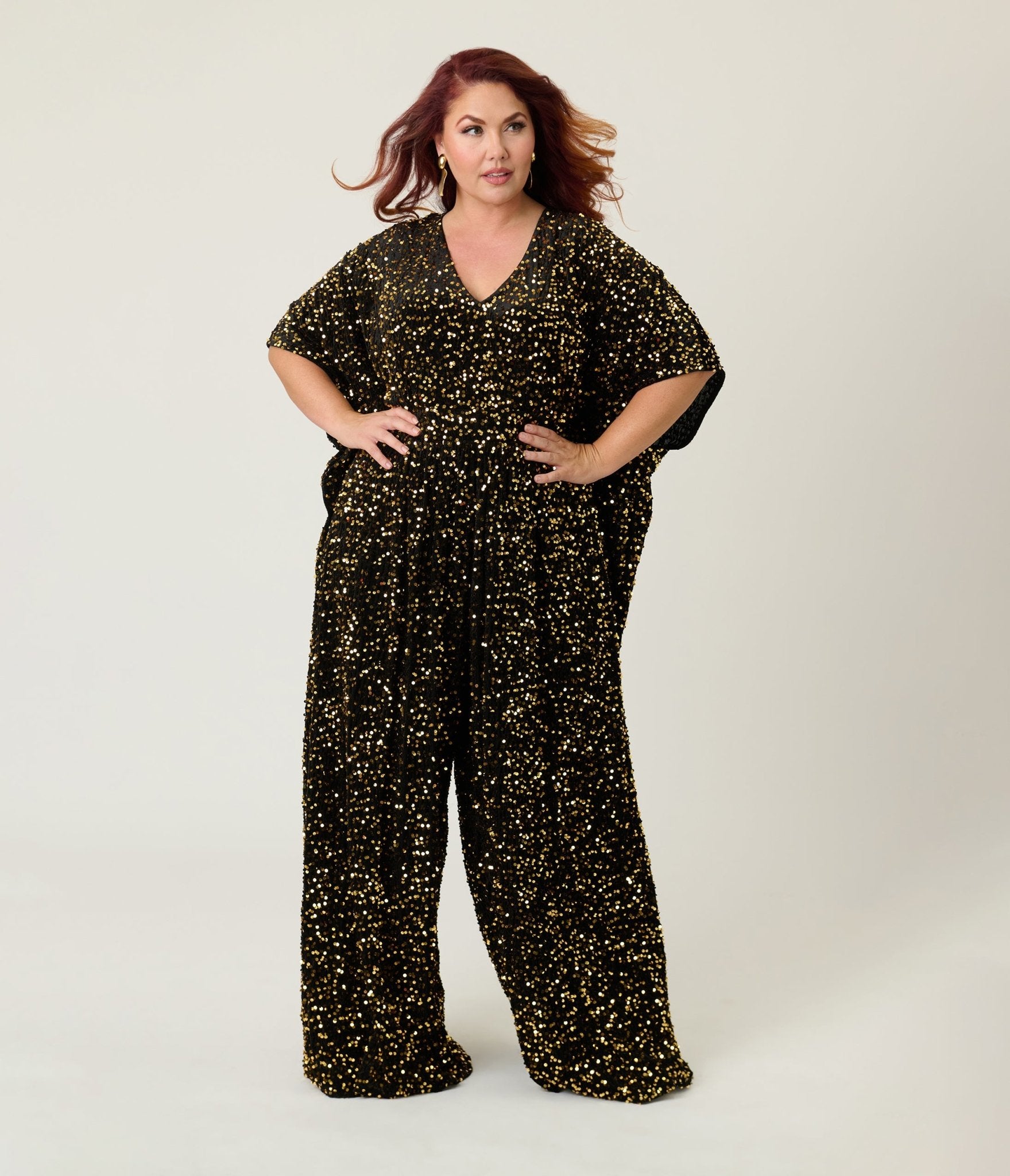 Unique Vintage Plus Size Black Gold Sequin Caftan Jumpsuit