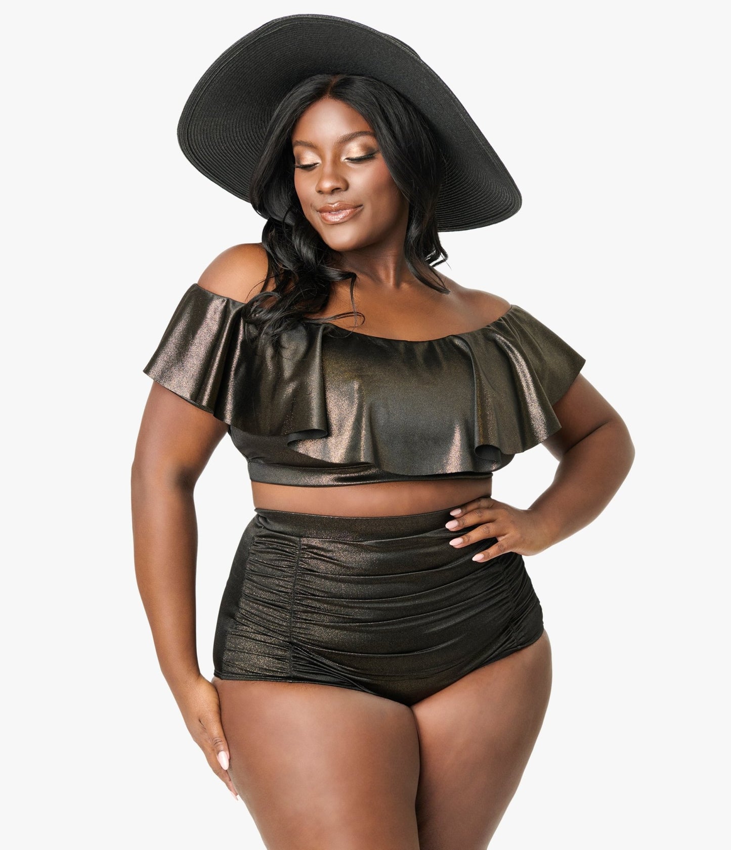 Unique Vintage Plus Size Black & Gold Shimmer Monroe High Waist Bikini Bottom - Unique Vintage - Womens, SWIM, BOTTOM
