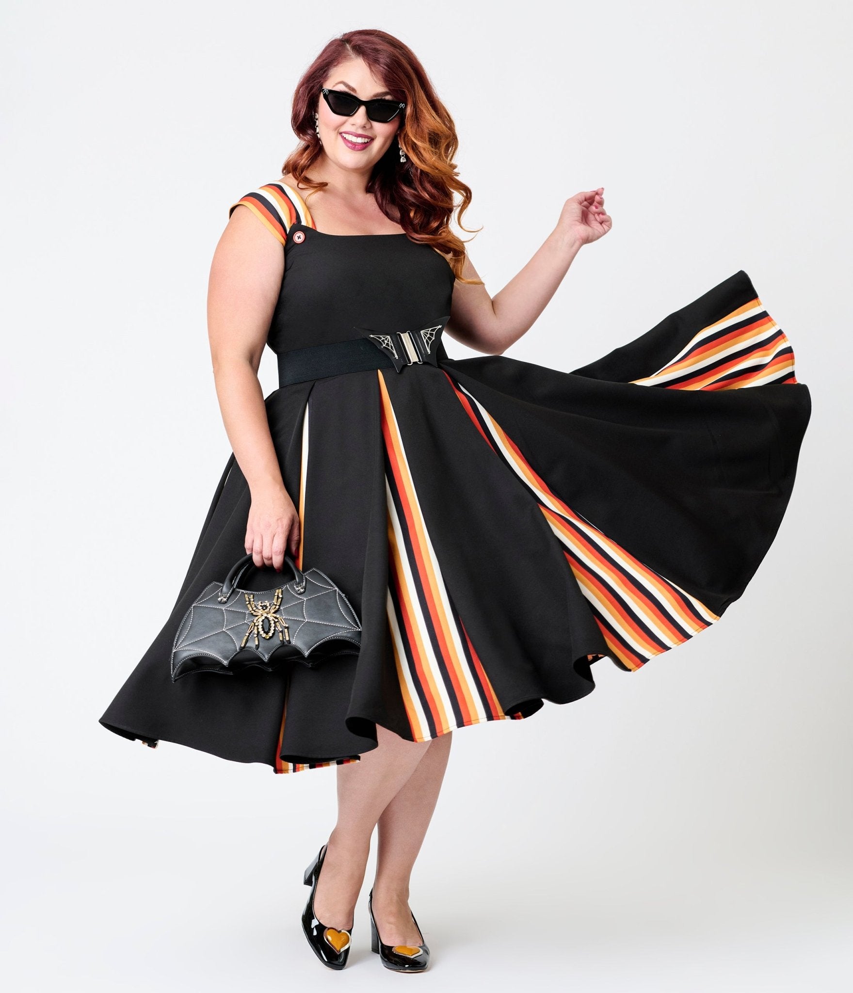 Unique Vintage Plus Size Black Halloween Stripe Swing Dress