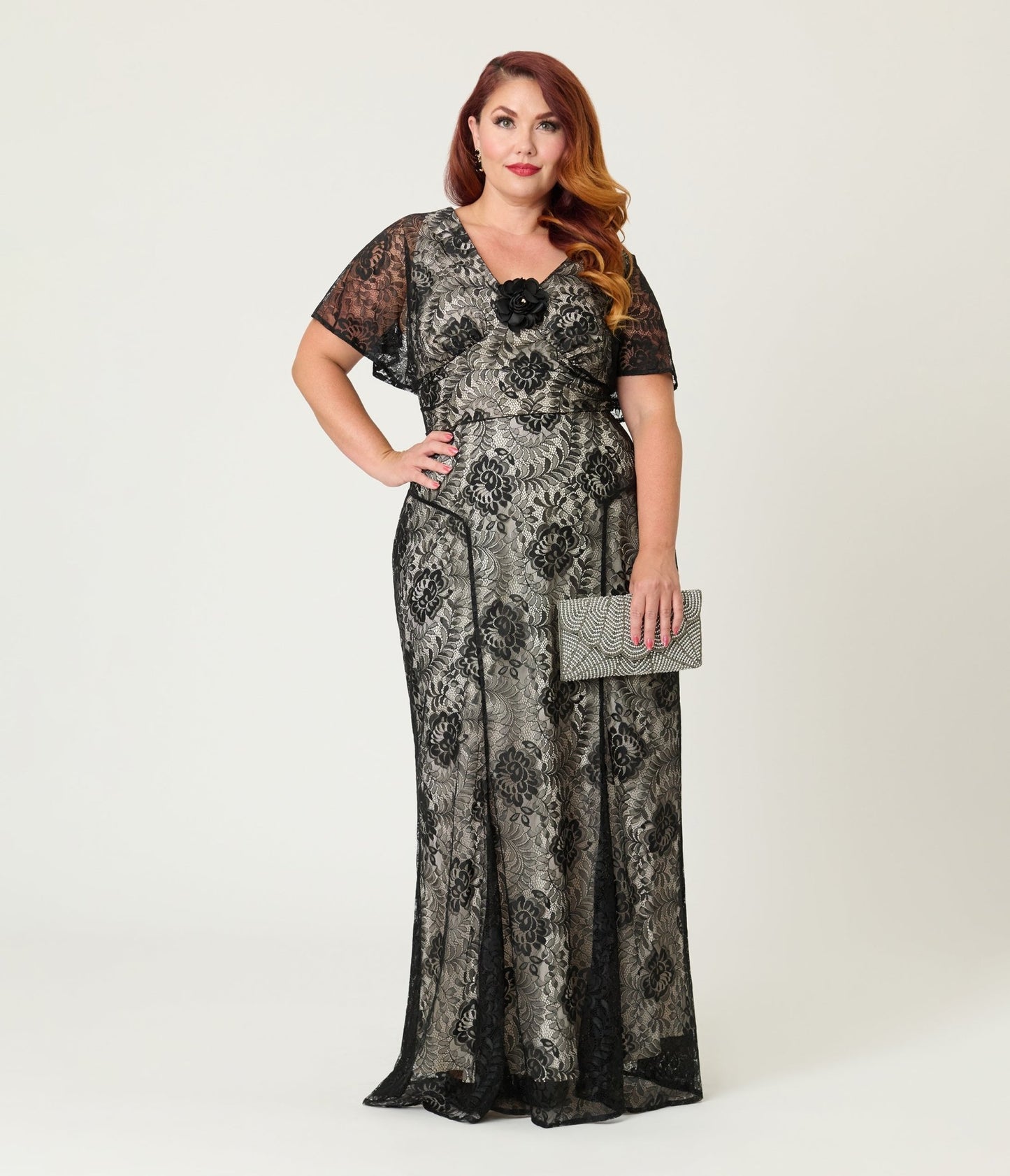 Unique Vintage Plus Size Black Lace & Nude Lining Flutter Sleeve Gown - Unique Vintage - Womens, FLAPPER, SLEEVED NON BEADED