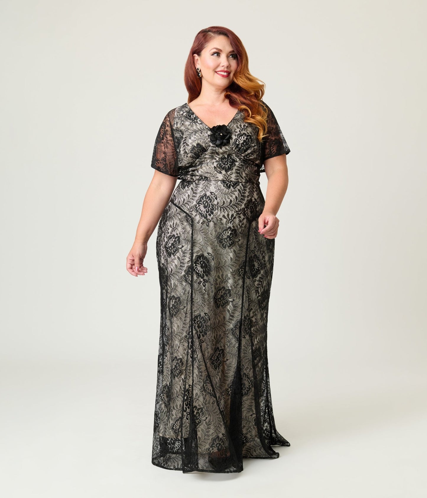 Unique Vintage Plus Size Black Lace & Nude Lining Flutter Sleeve Gown - Unique Vintage - Womens, FLAPPER, SLEEVED NON BEADED