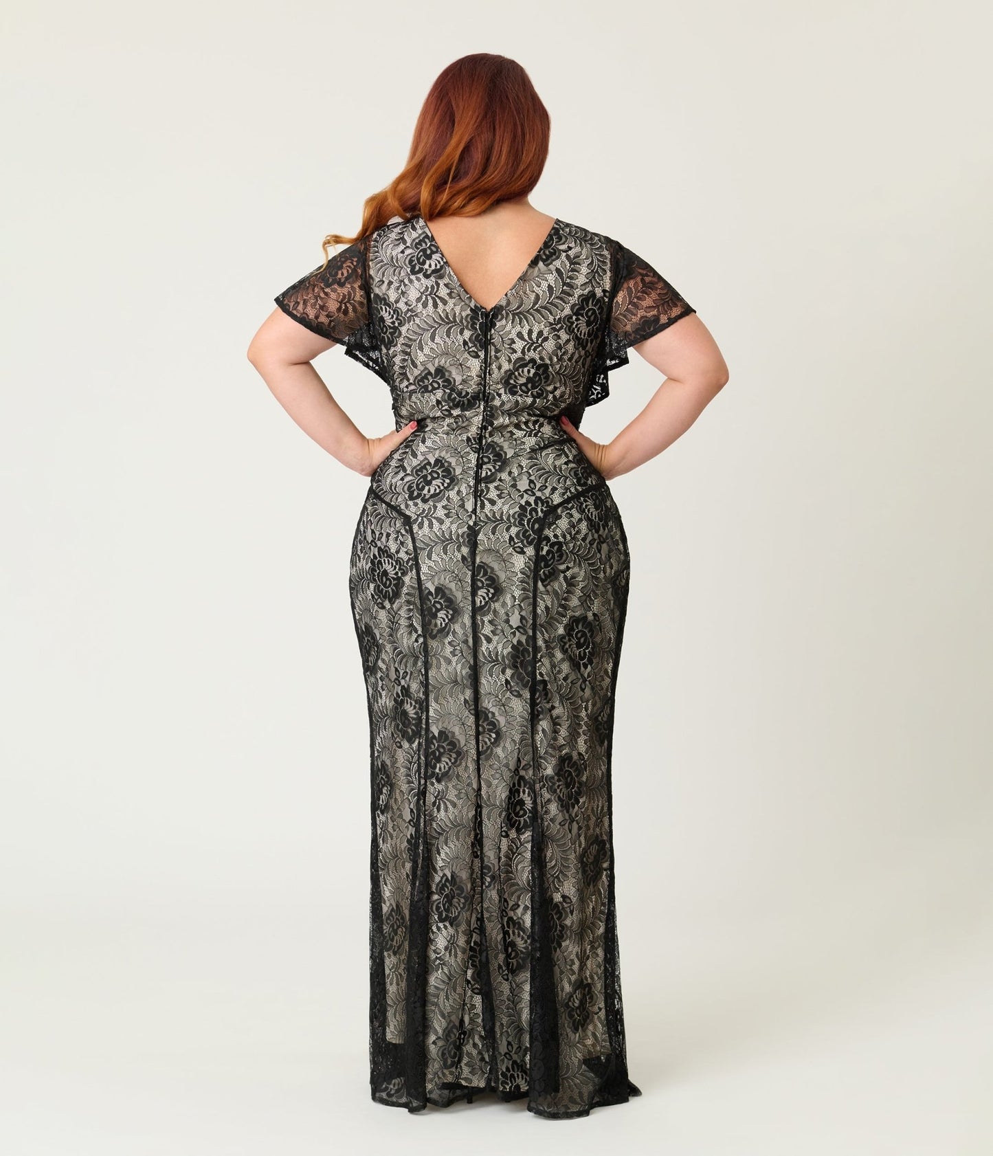Unique Vintage Plus Size Black Lace & Nude Lining Flutter Sleeve Gown - Unique Vintage - Womens, FLAPPER, SLEEVED NON BEADED