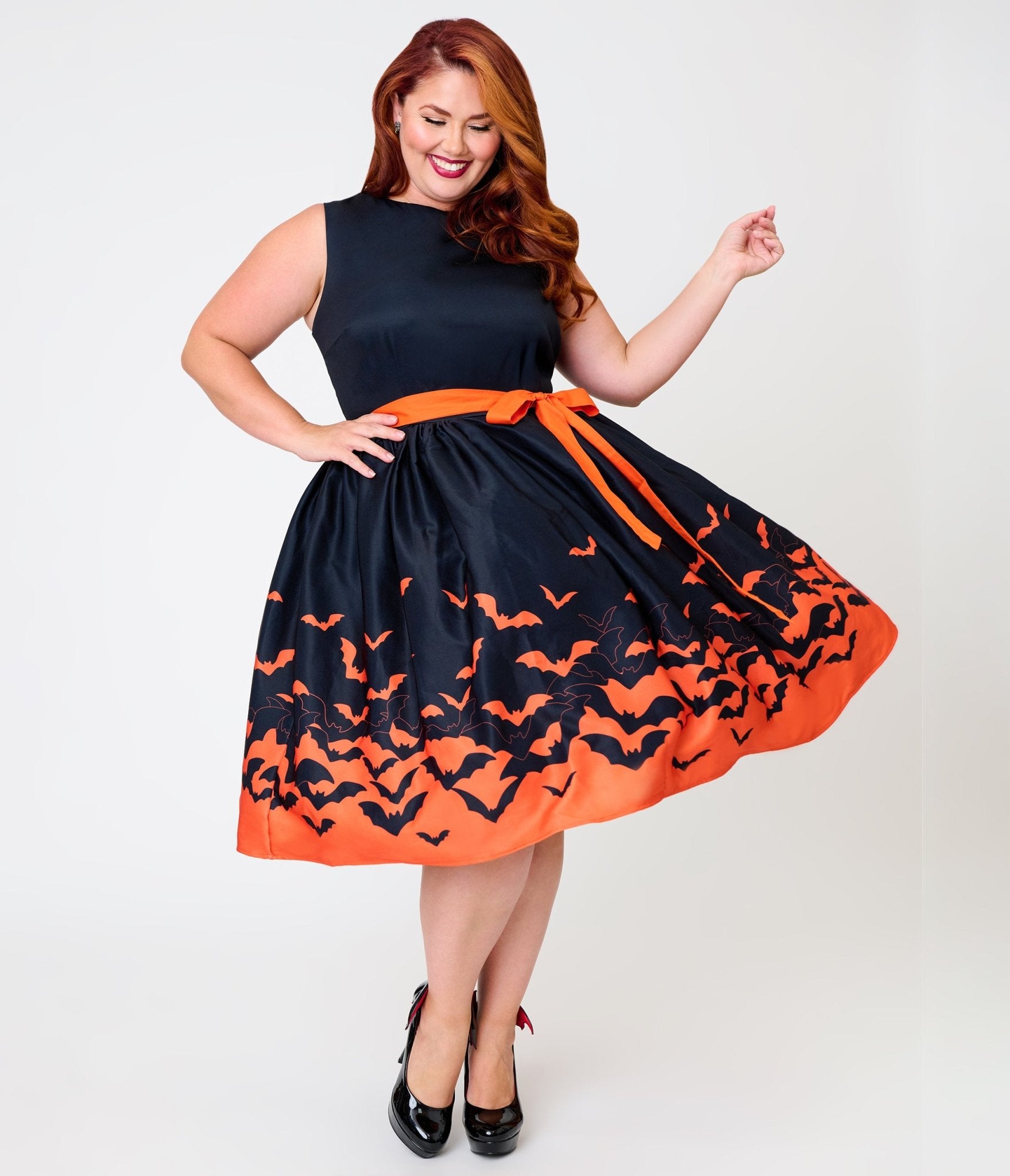 Unique Vintage Plus Size Black & Orange Bat Print Margaret Swing Dress
