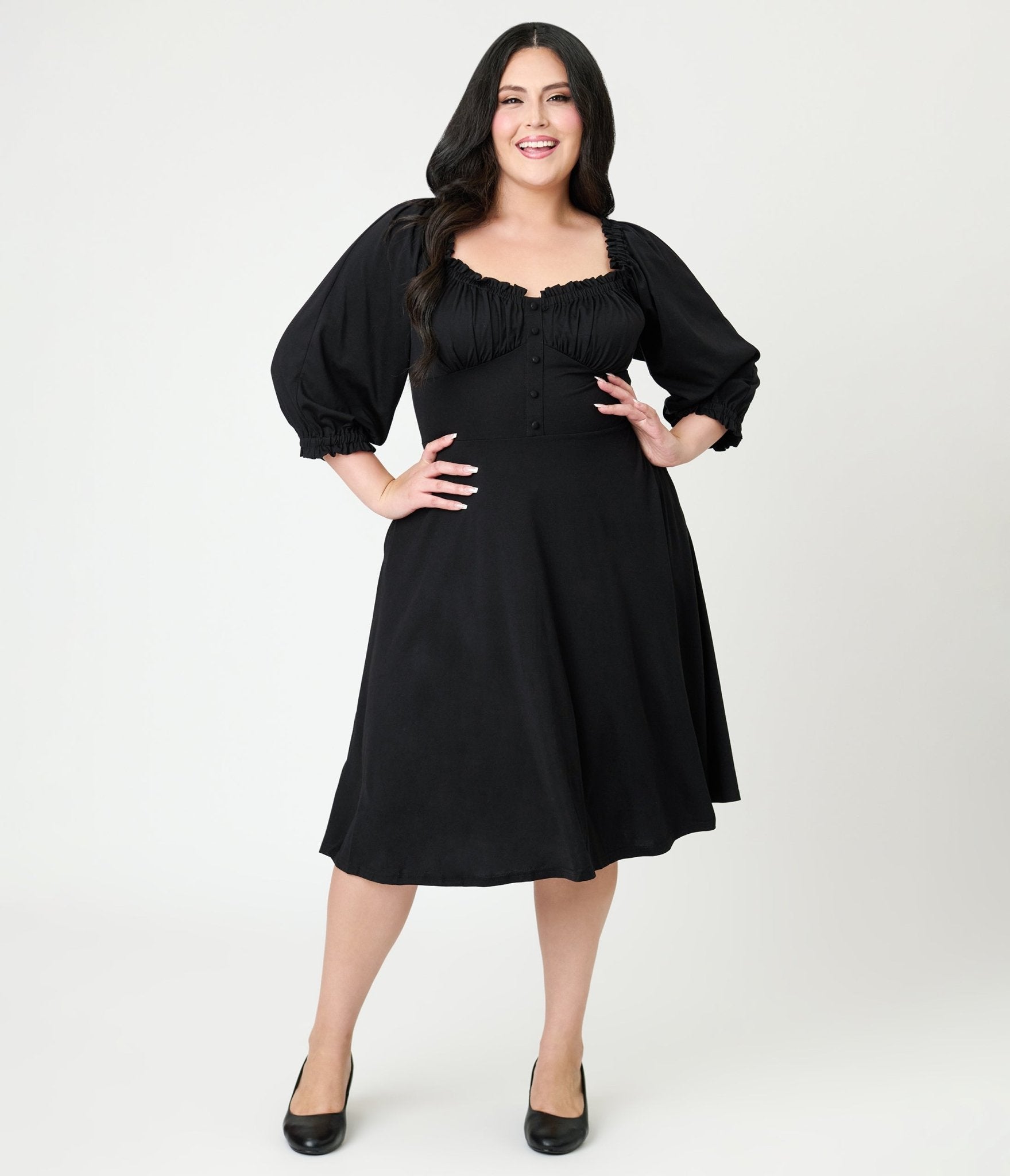 Unique Vintage Plus Size Black Peasant Sleeve Swing Dress