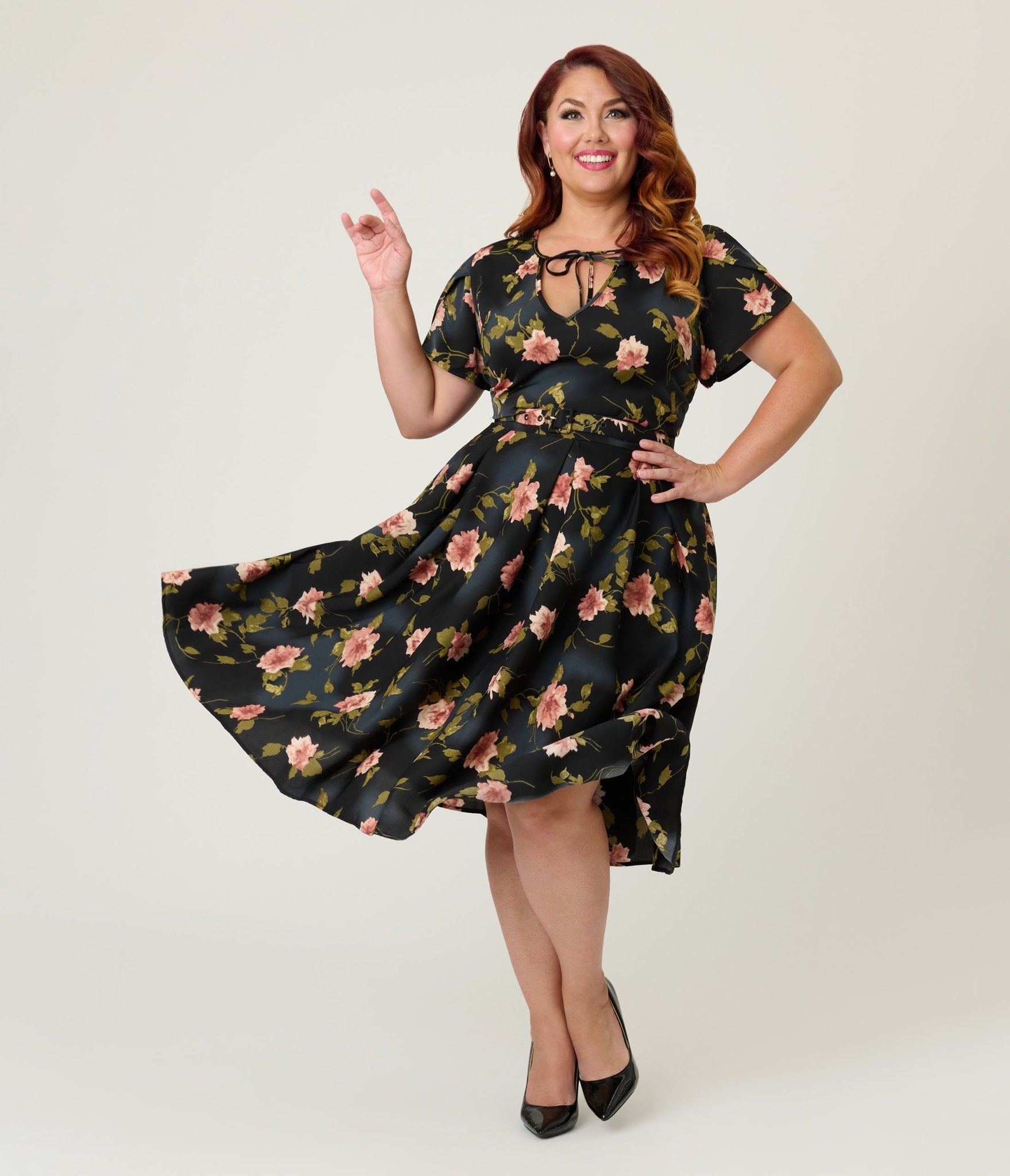 plus size casual swing dresses Unique Vintage Black & Pink Floral Dahlia Dress Wedding dress Style:EE00736BK Spring New Arrivals Sexy Black Lace Sequin This vintage inspired classic