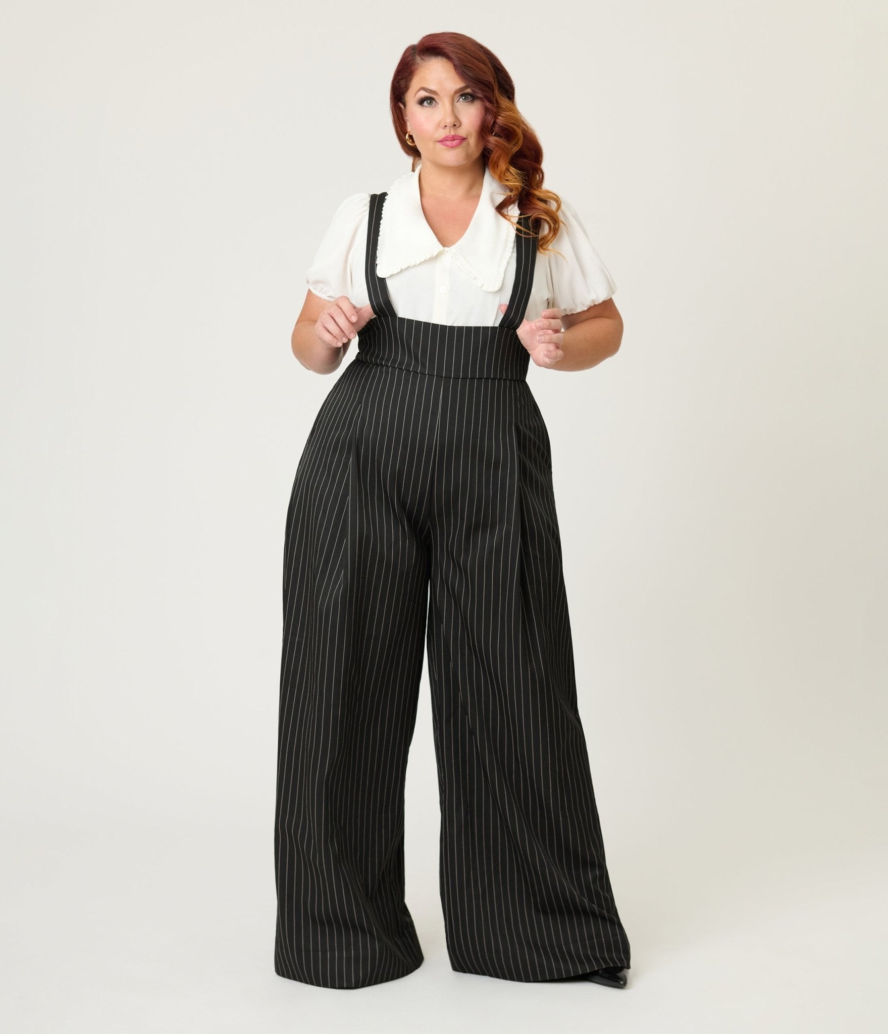 Unique Vintage Plus Size Black Pinstripe Rochelle Suspender Pants Unique Vintage Plus Size Black Pinstripe Rochelle Suspender Pants