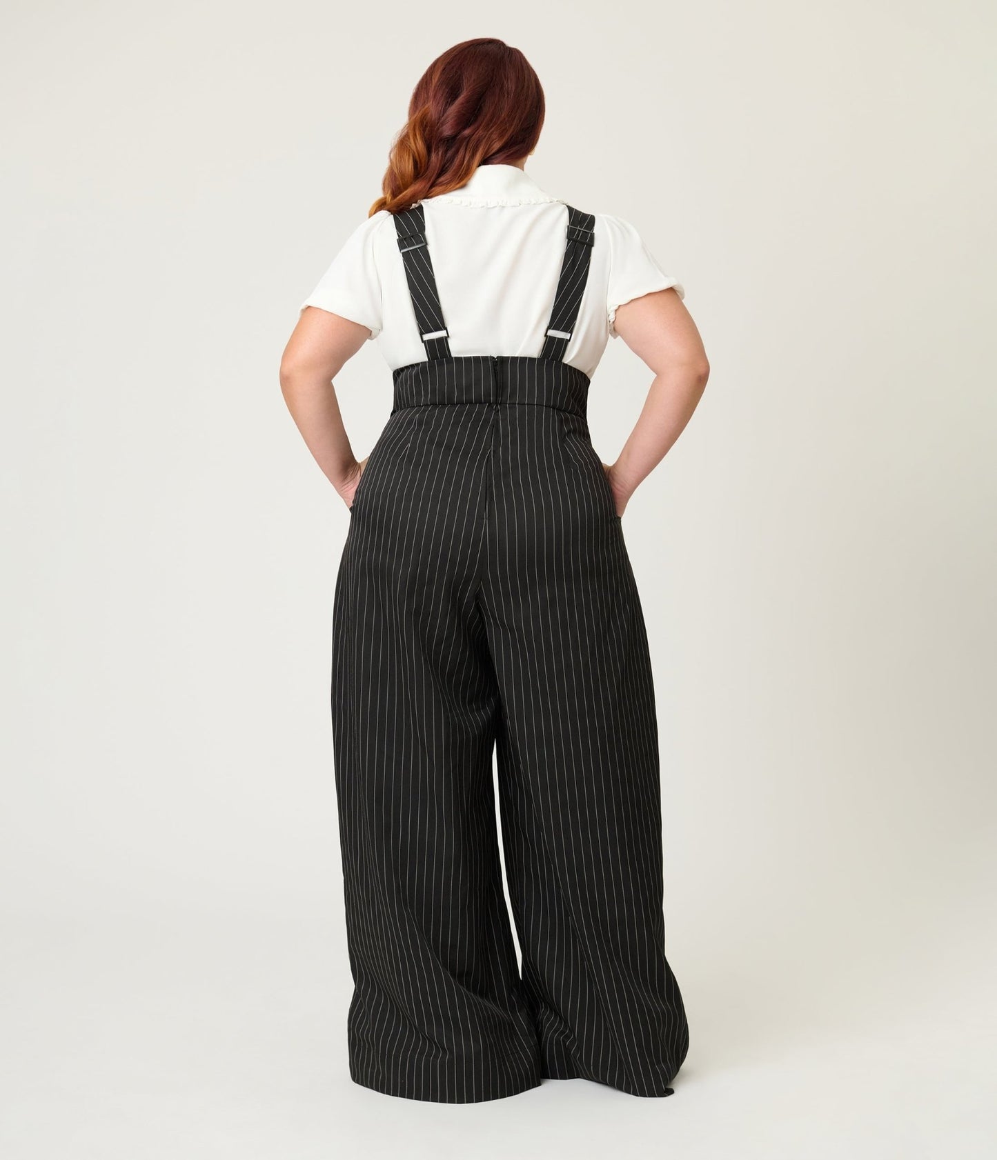 Unique Vintage Plus Size Black Pinstripe Rochelle Suspender Pants - Unique Vintage - Womens, BOTTOMS, PANTS