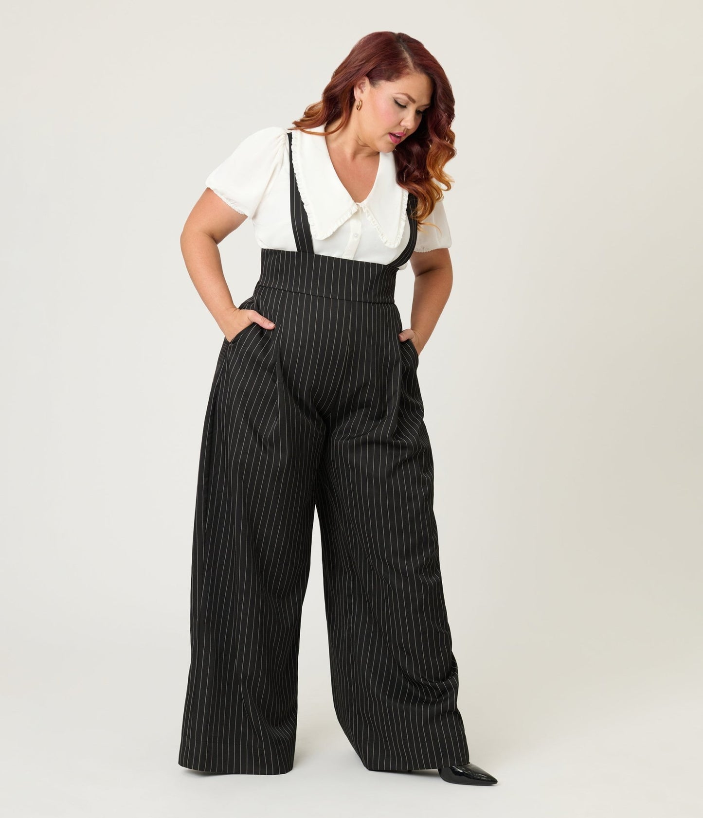 Unique Vintage Plus Size Black Pinstripe Rochelle Suspender Pants - Unique Vintage - Womens, BOTTOMS, PANTS
