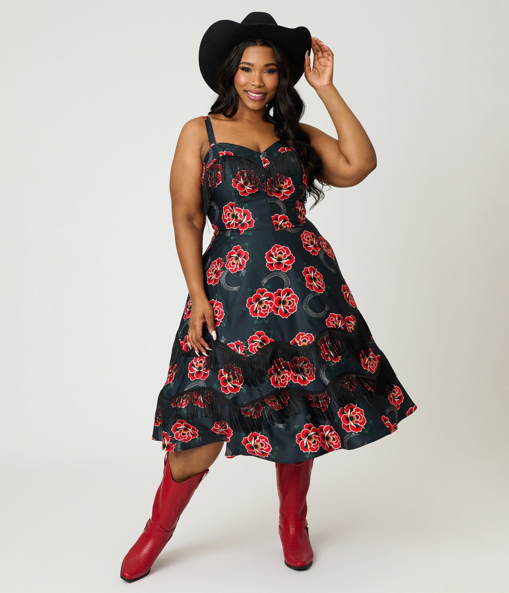 Unique Vintage Plus Size Black & Rose Print Fringe Girlie Swing Dress Unique Vintage Plus Size Black & Rose Print Fringe Girlie Swing Dress