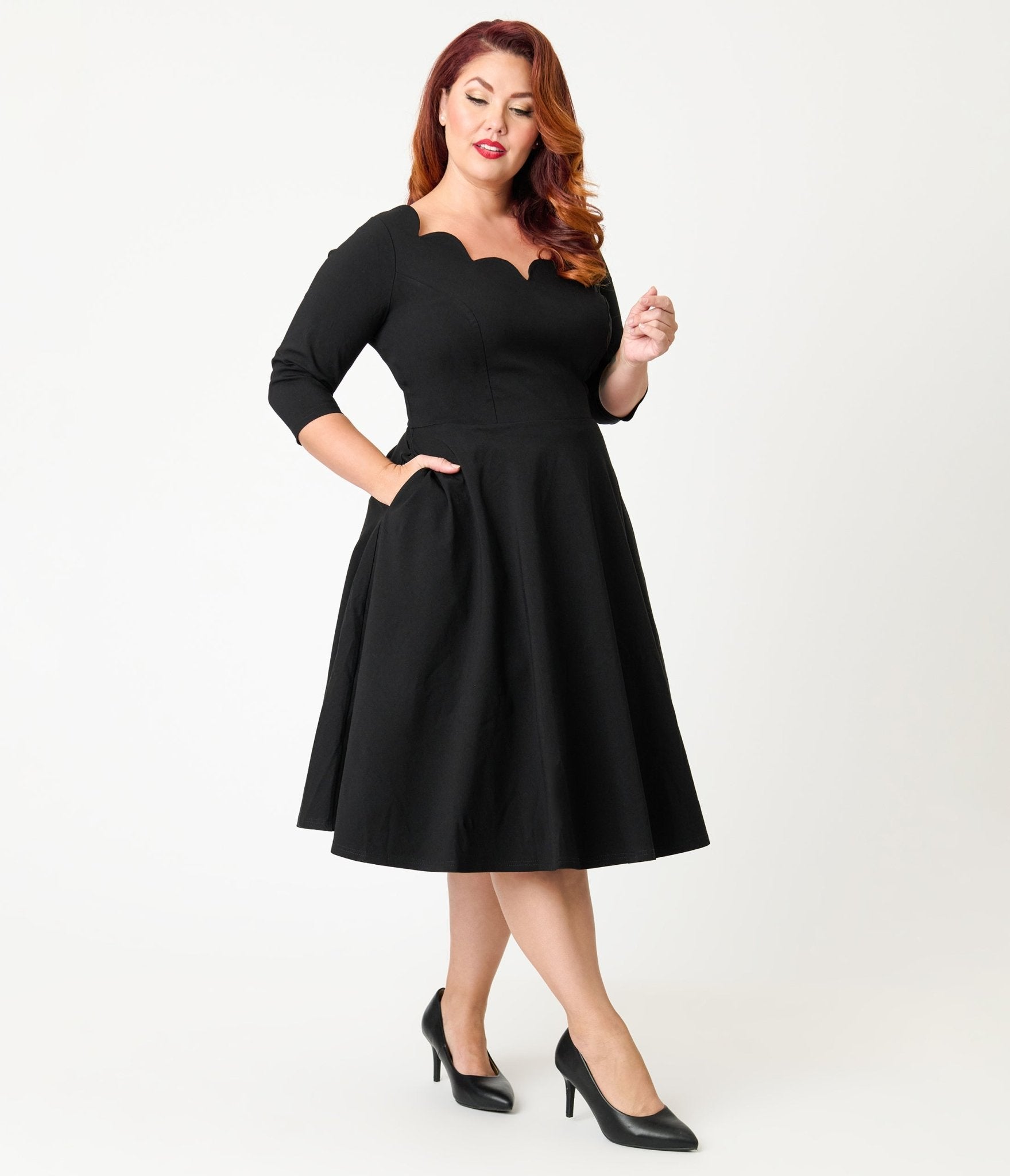Unique Vintage Plus Size Black Scalloped Neck Swing Dress Unique Vintage Plus Size Black Scalloped Neck Swing Dress