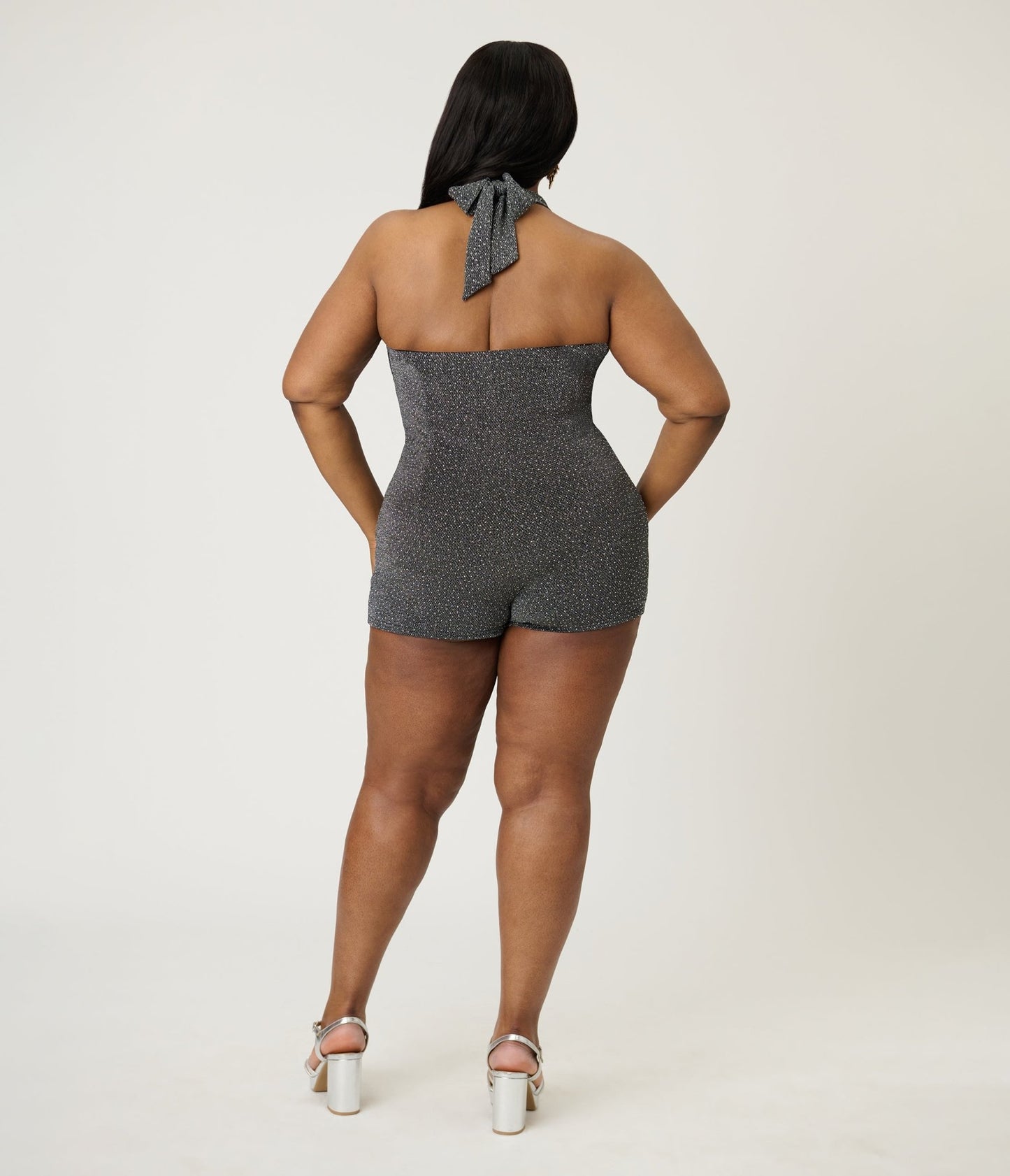 Unique Vintage Plus Size Black & Silver Shimmer Romper & Sarong Set - Unique Vintage - Womens, BOTTOMS, ROMPERS AND JUMPSUITS