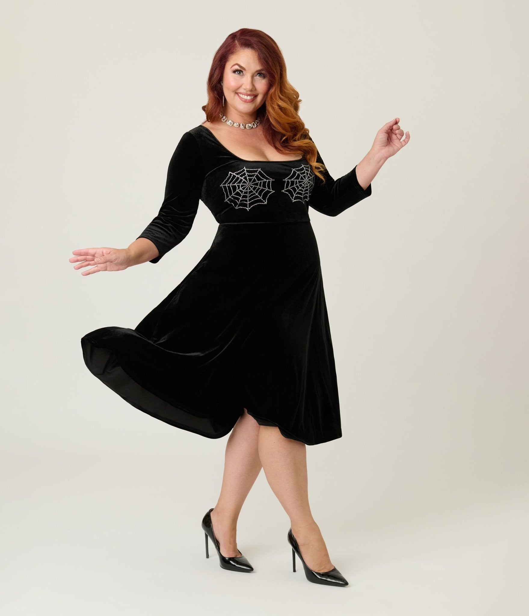 Unique Vintage Plus Size Black Spiderweb Square Neck Swing Dress Unique Vintage Plus Size Black Spiderweb Square Neck Swing Dress