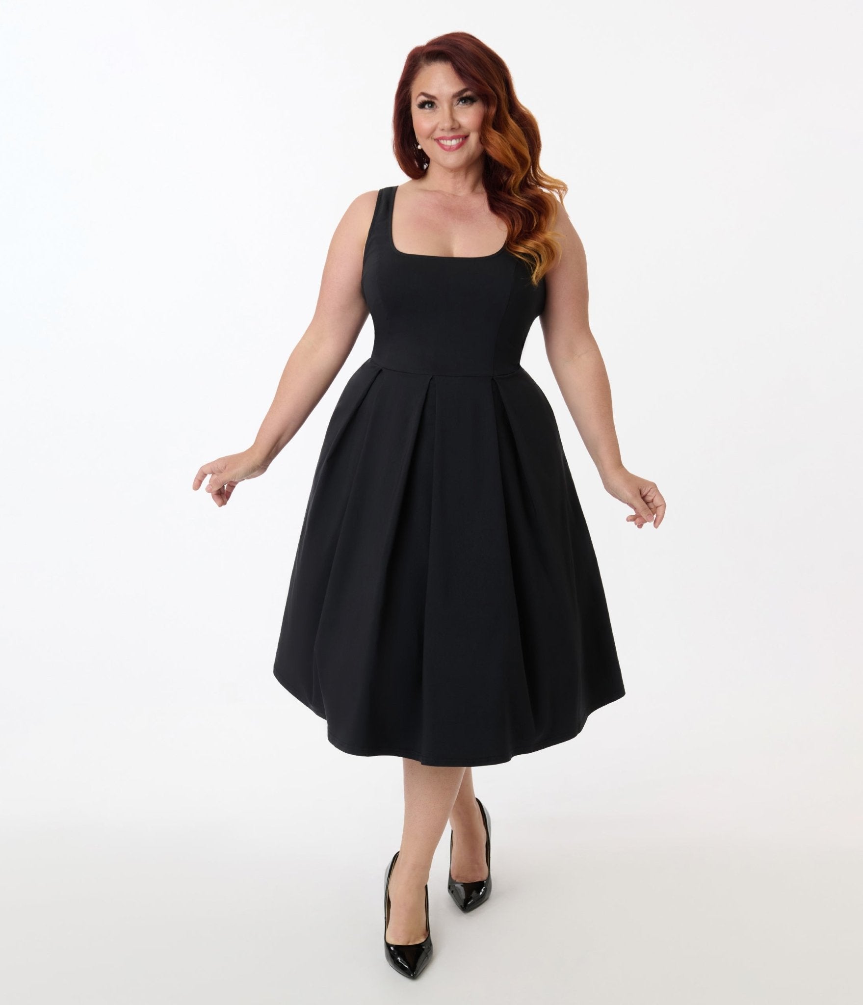 Unique Vintage Plus Size Black Square Neck Pleated Swing Dress 5X/32W-34W Unique Vintage Plus Size Black Square Neck Pleated Swing Dress 5X/32W-34W
