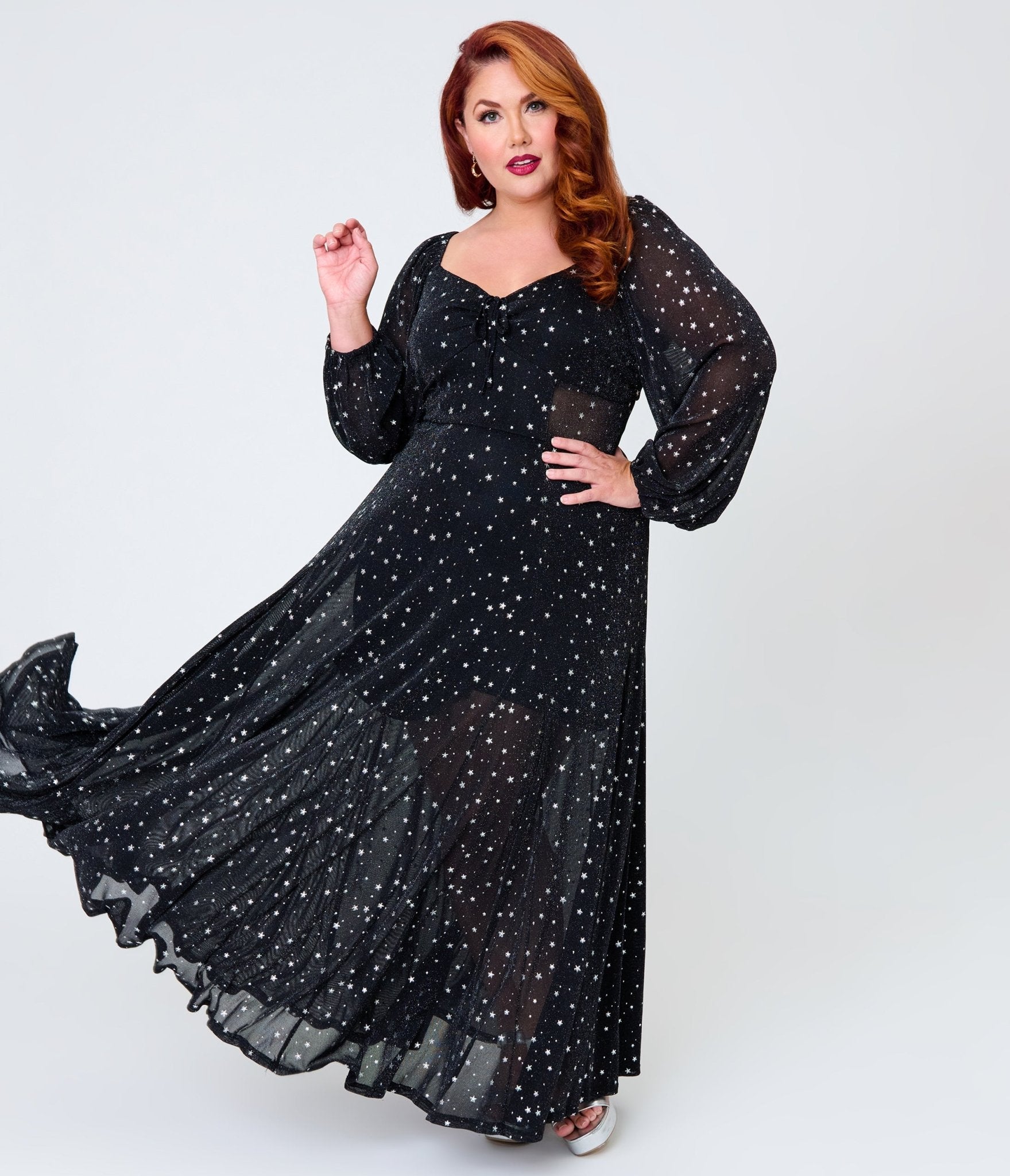 plus size black maxi dress long sleeve Unique Vintage & Star Print Tara Dres s_Fall NWT Women Mango Black Shine bright this Christmas Size:US 11.5-12 / UK 11