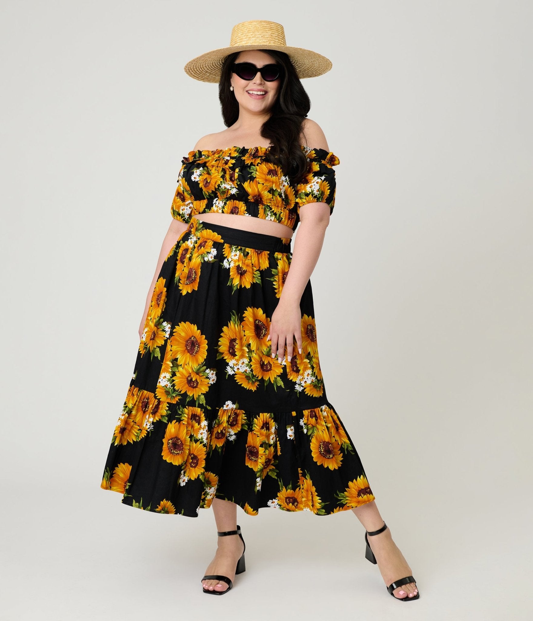 Unique Vintage Plus Size Black Sunflower Tiered Midi Skirt