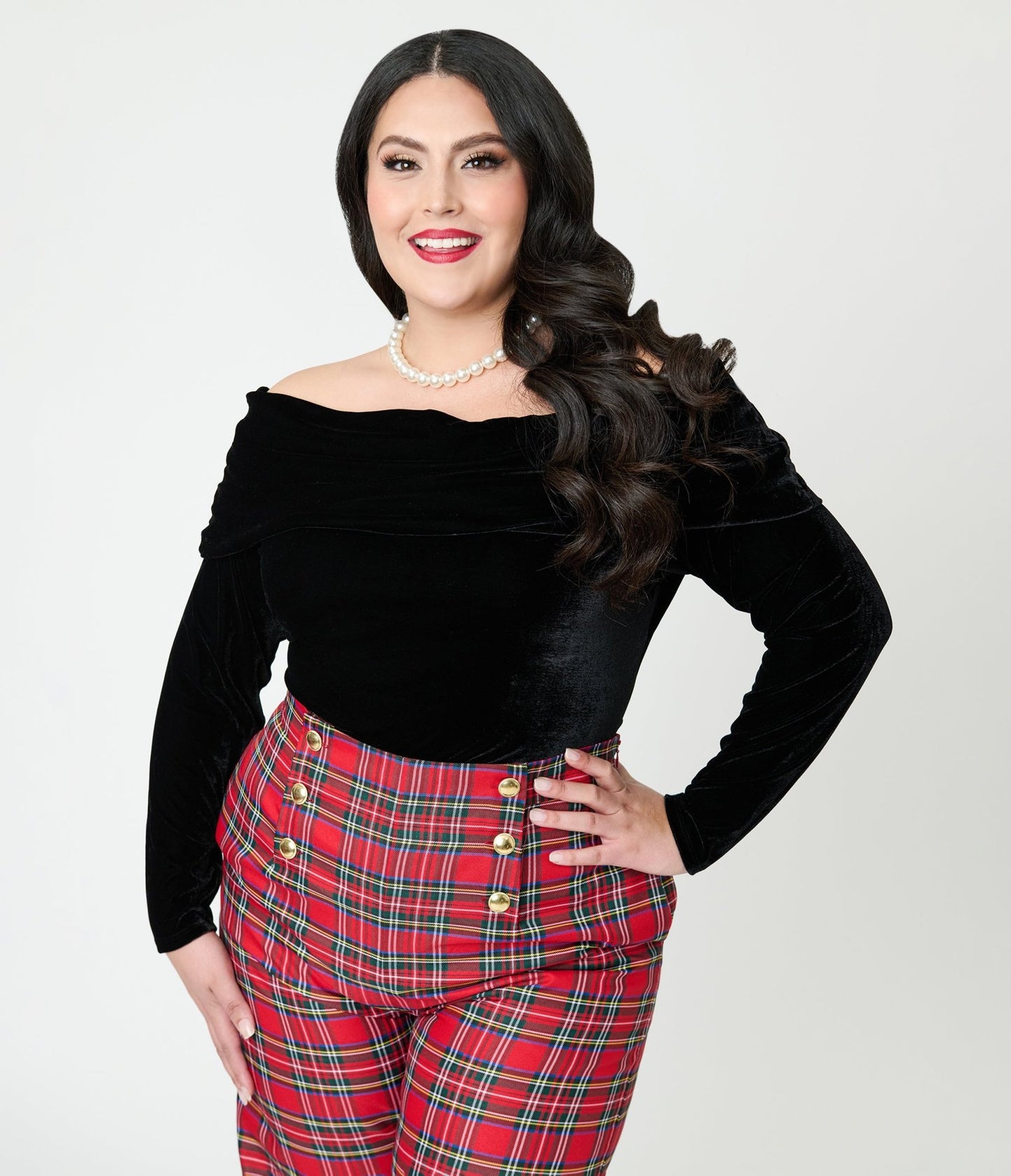 Unique Vintage Plus Size Black Velvet Folded Shoulder Knit Top - Unique Vintage - Womens, TOPS, KNIT TOPS