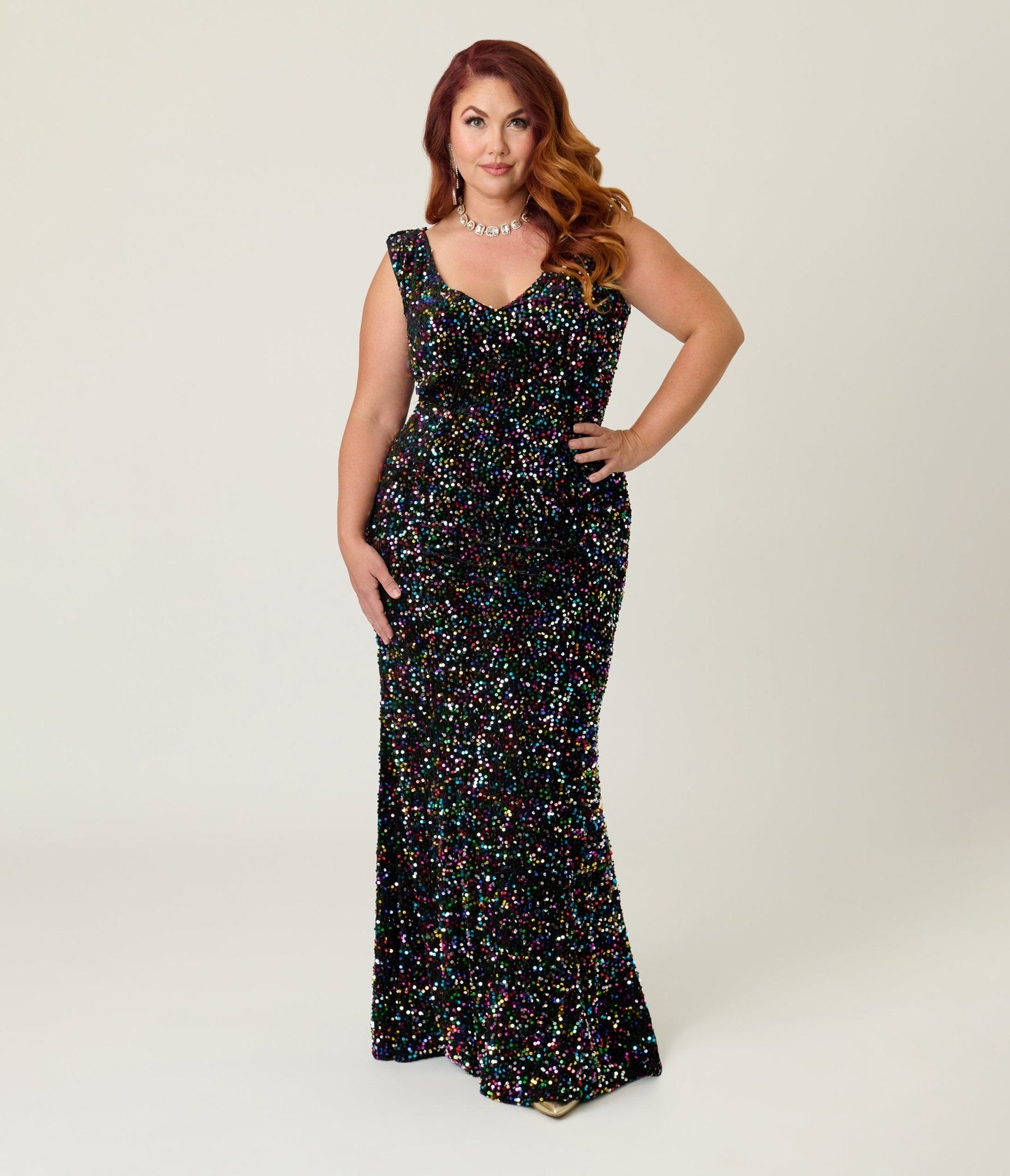 Unique Vintage Plus Size Black Velvet & Rainbow Sequin Goldwyn Gown Unique Vintage Plus Size Black Velvet & Rainbow Sequin Goldwyn Gown