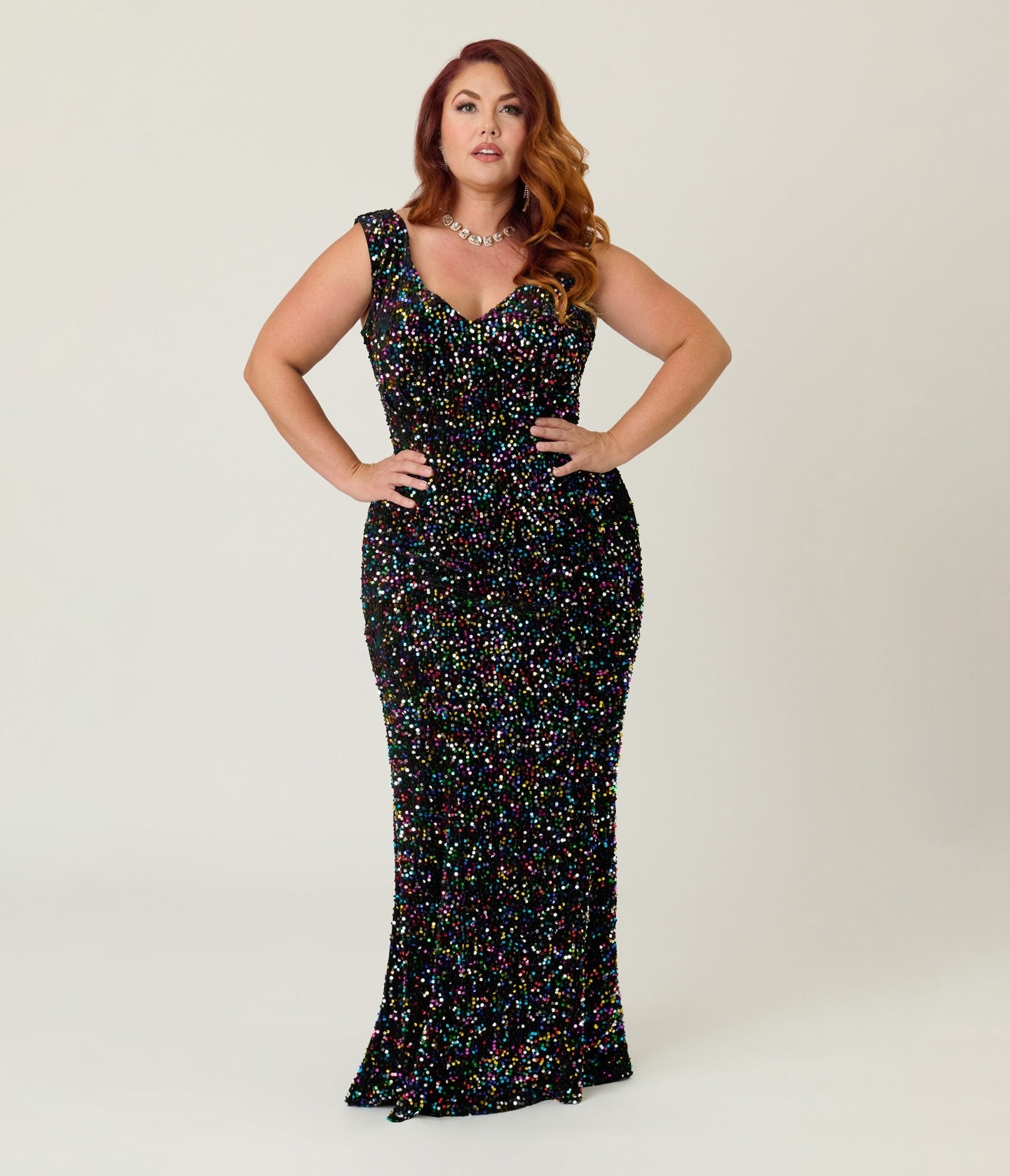 Unique Vintage Plus Size Black Velvet & Rainbow Sequin Goldwyn Gown - Unique Vintage - Womens, DRESSES, MAXI