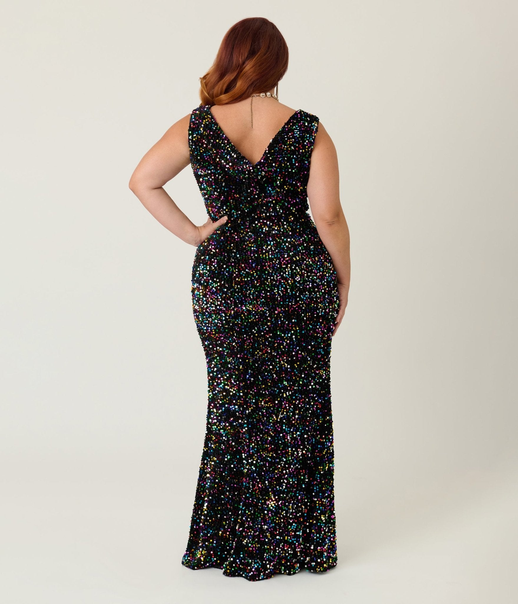 Unique Vintage Plus Size Black Velvet & Rainbow Sequin Goldwyn Gown - Unique Vintage - Womens, DRESSES, MAXI