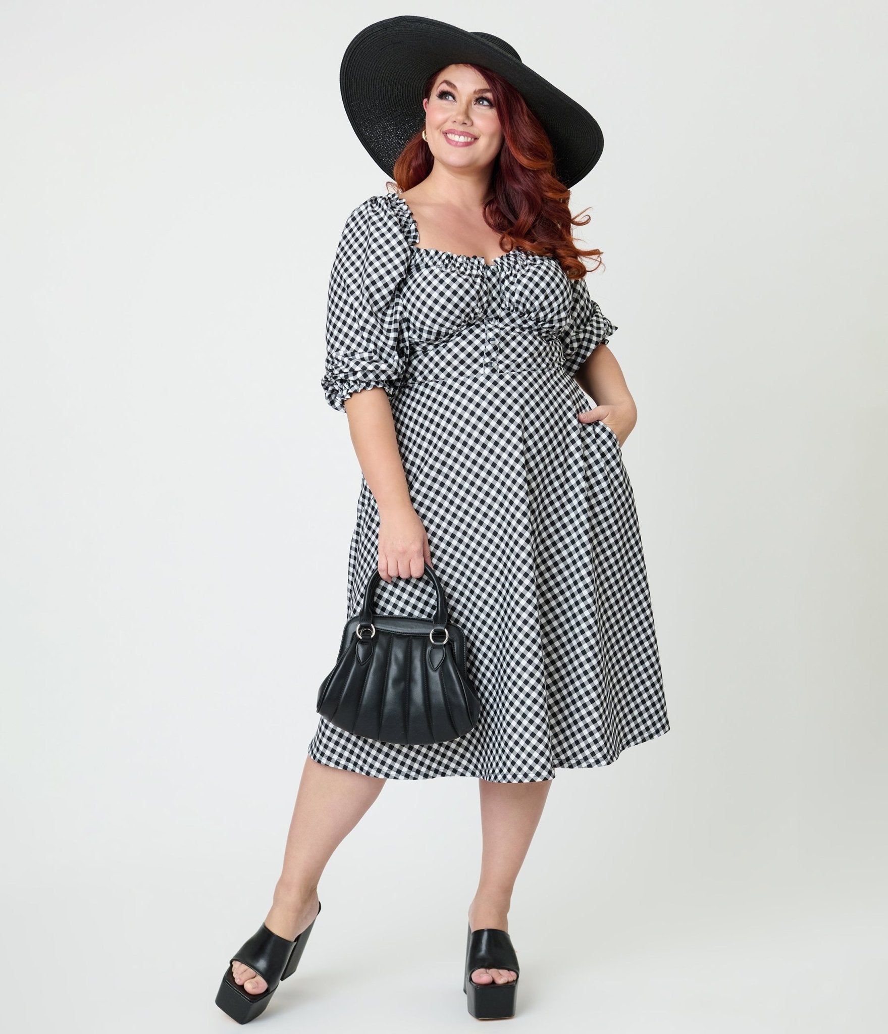 Unique Vintage Plus Size Black & White Gingham Peasant Sleeve Swing Dress 3X/24W-26W