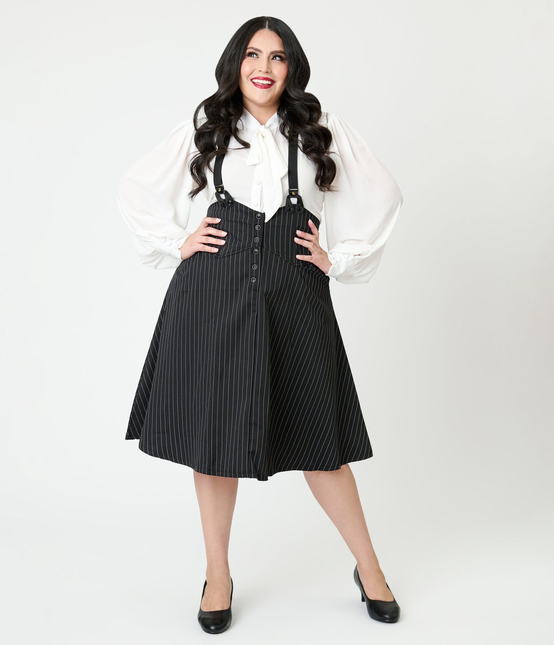 Unique Vintage Plus Size Black & White Pin Stripe Suspender Swing Skirt - Unique Vintage - Womens, BOTTOMS, SKIRTS